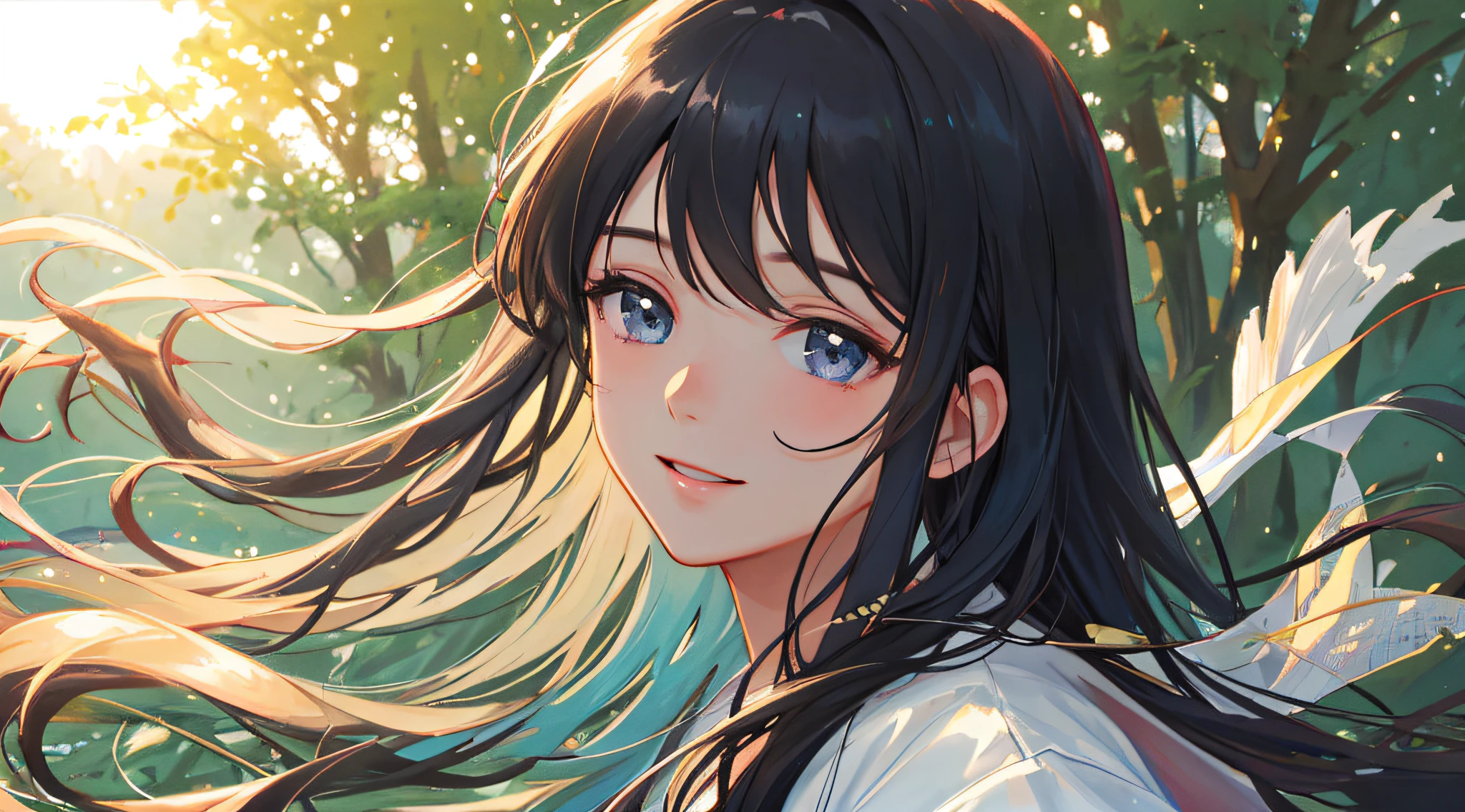 (Masterpiece), (Best Quality), (Super Detail), (disheveled Hair), (Illustration), (1 Girl), (Interview), (Brief Background), Beautiful Detailed Eyes, Delicate Beautiful Face, Floating, (High Saturation), (Shine), Focus on Face, Black Hair, Bangs, Full Smile, Floating Hair. girl, maiden in love, pixiv illustration, top quality, super detailed, smile, clever, beautiful face, 4K, nature, sunlight through trees,