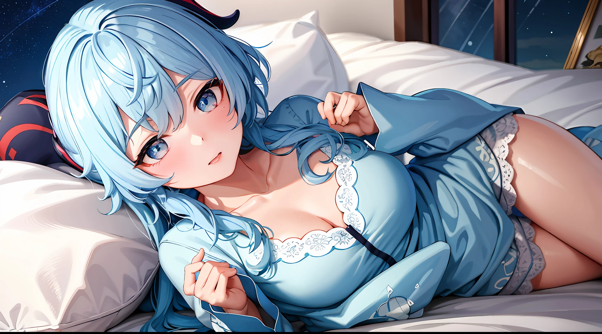 (Masterpiece, Best Quality, High Quality, Highres:1.4), Detailed, Extremely Detailed, Ambient Soft Lighting, 4K, (Extremely Detailed Eyes:1.2),

(ganyu \(genshin impact\):1.4), 1girl, solo, blue hair, blush, shy, full body, (bedroom:1.2), (wariza:1.4), (pov hands:1.4), (headpat:1.4), (night:1.4), can't be this cute, (blue pajamas:1.2), from above, spoken heart,