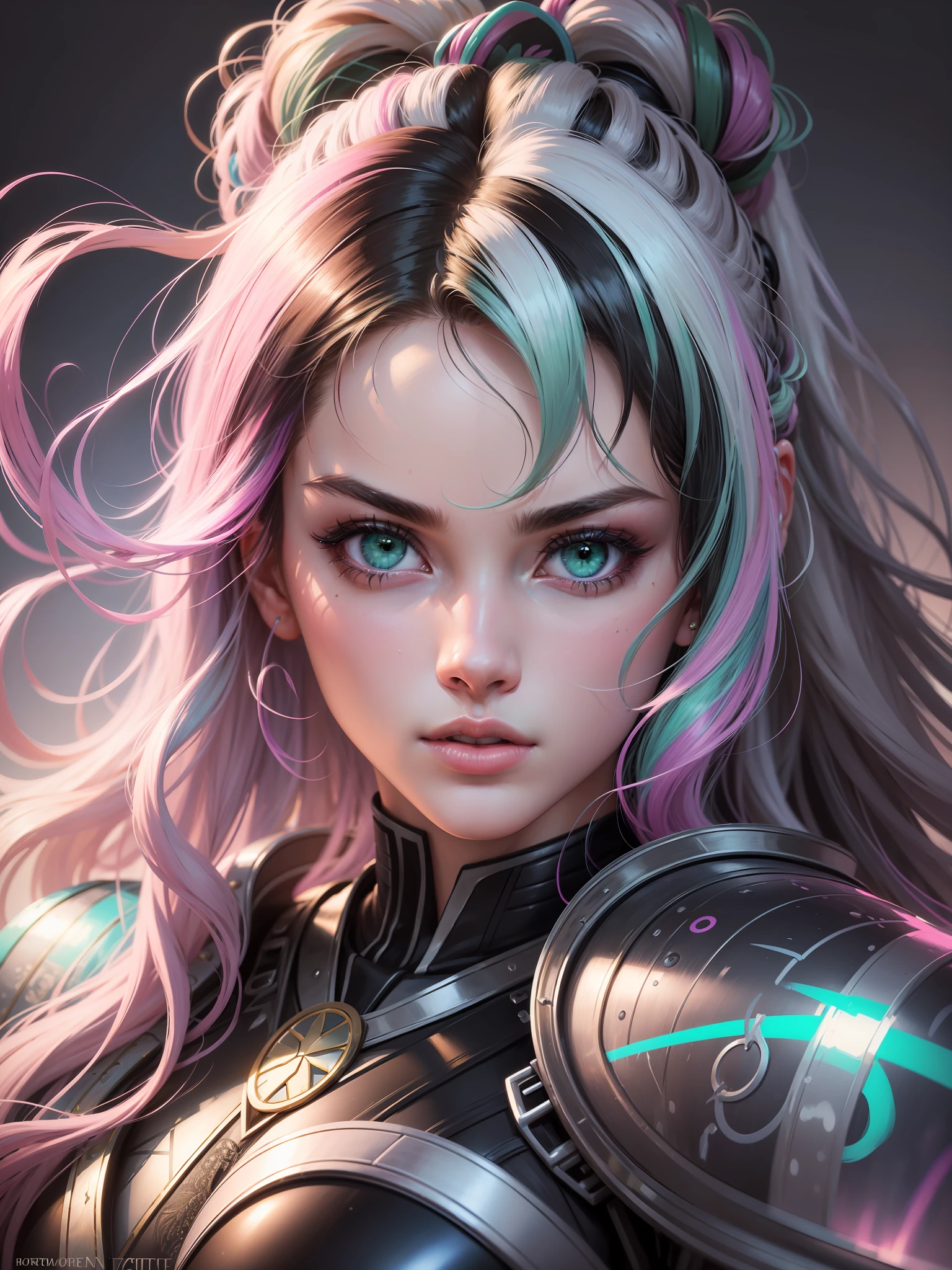 'Close up portait beautiful girl, prated hair, green eyes, in modern fighting costume, hyper realistic, pastel colors, complementary colors, soft colors, vibrant colors, dramatic colors, vaporwave, retrowave, black and white, colorfull, artochrome, highly detailed, 4K'