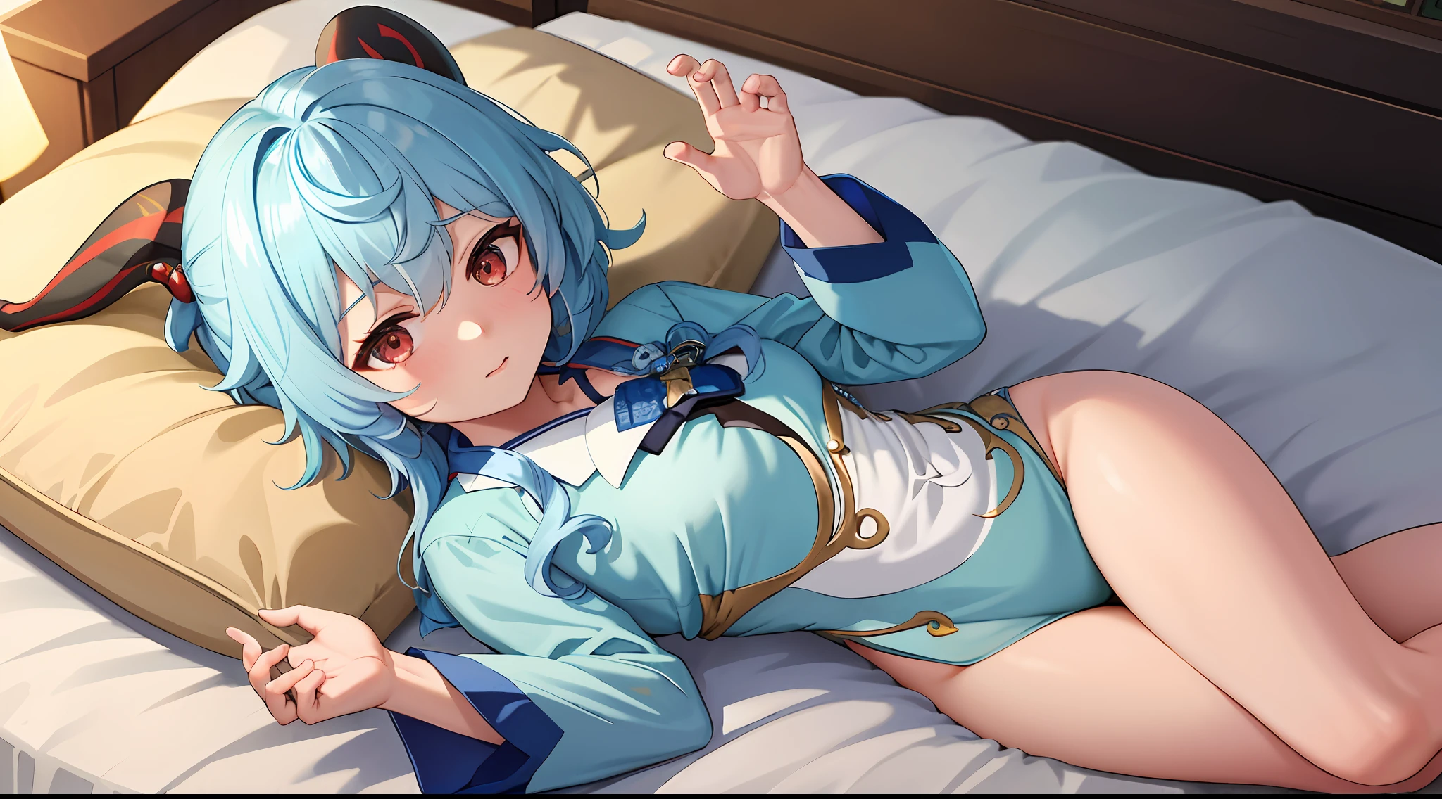 (Masterpiece, Best Quality, High Quality, Highres:1.4), Detailed, Extremely Detailed, Ambient Soft Lighting, 4K, (Extremely Detailed Eyes:1.2),
(ganyu \(genshin impact\):1.4), 1girl, solo, blue hair, blush, shy, full body, (bedroom:1.2), (wariza:1.4), (pov hands:1.4), (headpat:1.4), (night:1.4), can't be this cute, (blue pajamas:1.2), from above, spoken heart,