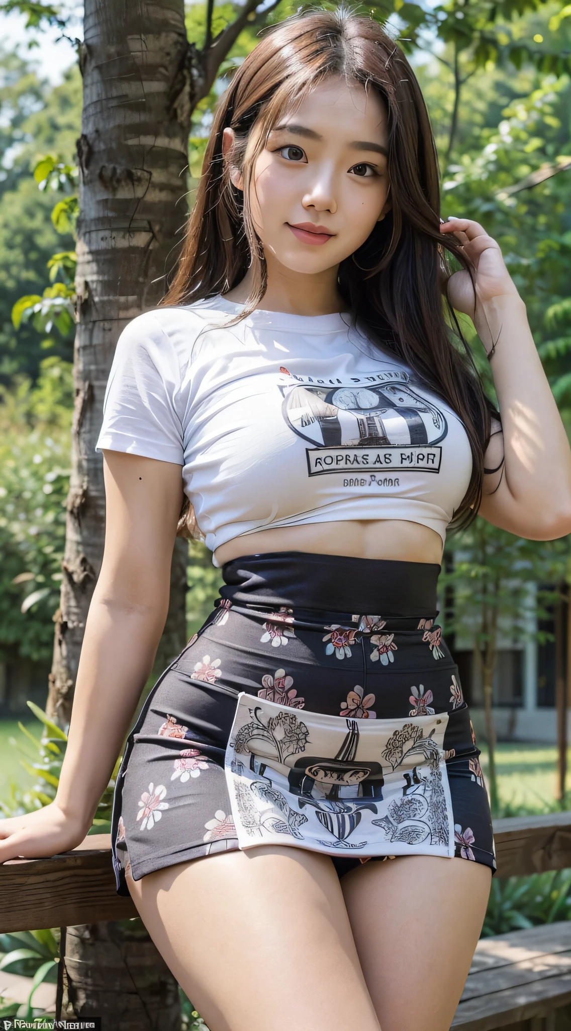 ((Best Quality, 8k, Masterpiece: 1.3)), Fat Body Beauty: 1.4, Chinese Woman, Busty: 1.6, Rounded Thighs: 1.6, Long Hair, (T-shirt, Short Skirt: 1.6), Standing Posture, Highly Detailed Face and Skin Texture, Delicate Eyes, Double Eyelids, Round Face, Thin Lips, Smile, Rich Skin, Fair Skin, Landscape Background