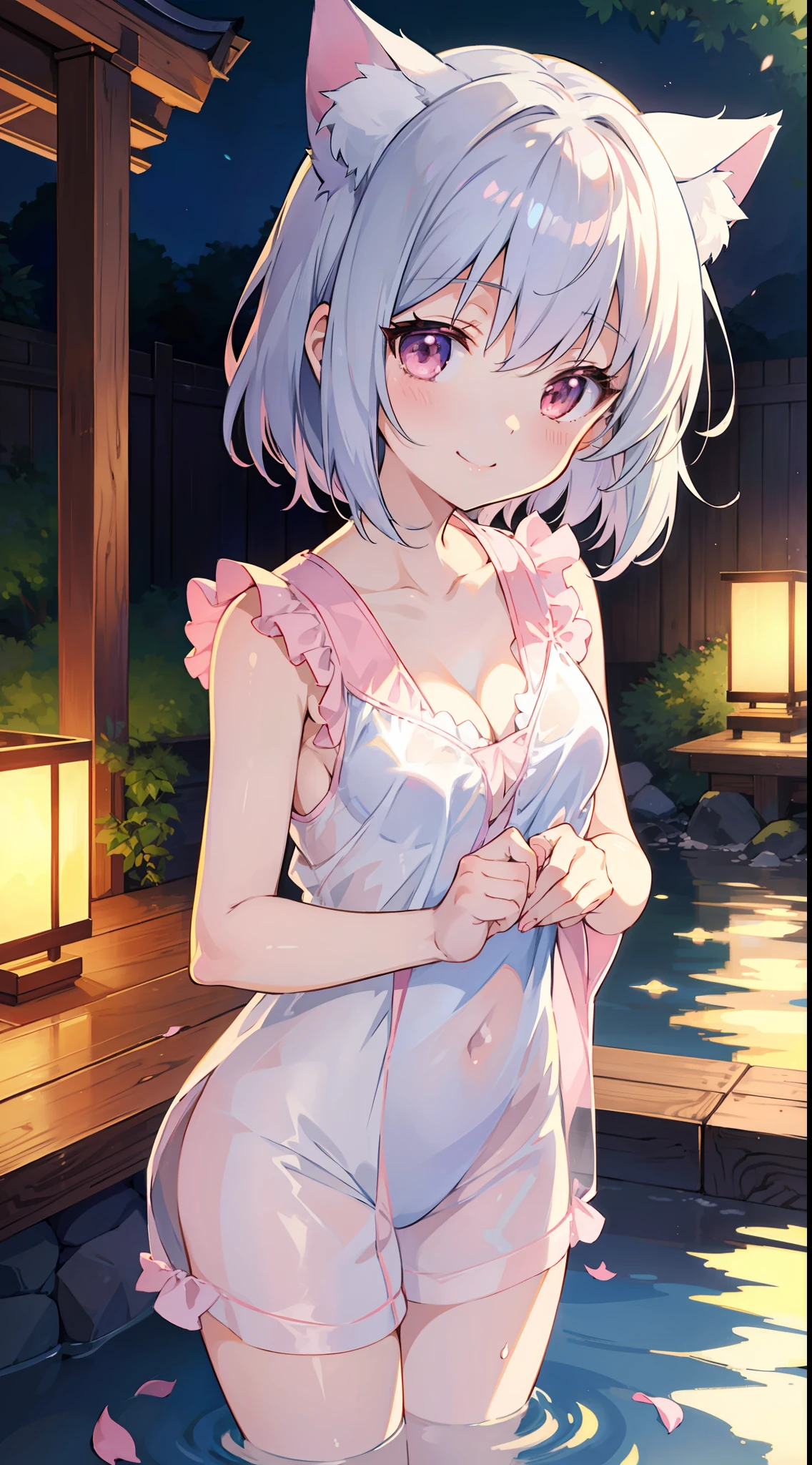 Masterpiece, Top Quality Anime Illustration, Super Detail, One Girl, Solo, Beautiful Girl with Silver Hair, Anime Loli, Cat Ear Loli, Pale Pink See-Through Yukata, Short Yukata, Sleeveless, Smile, Bare Skin Side Breast, Thigh Focus, Cleavage Enhancement, Onsen