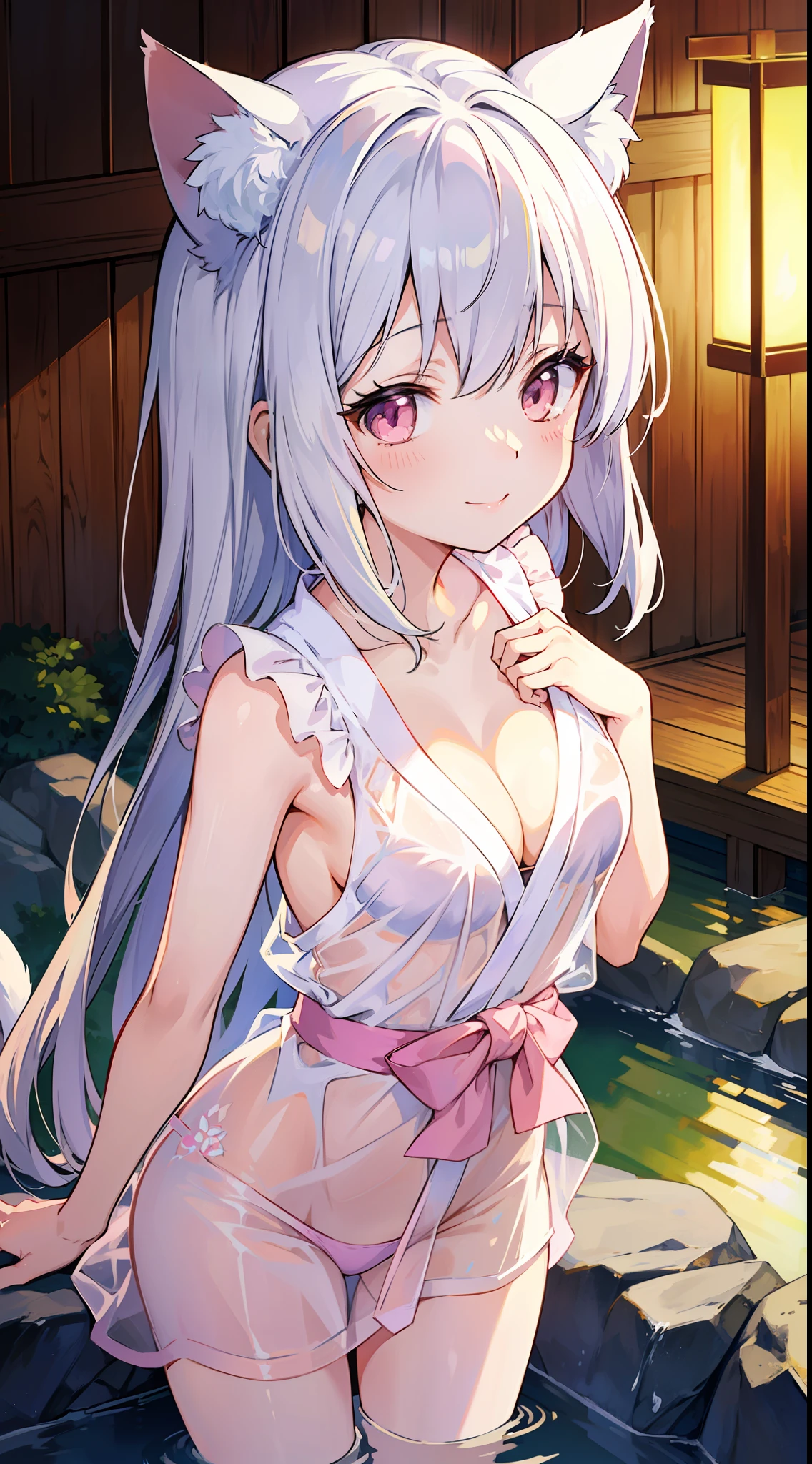 Masterpiece, Top Quality Anime Illustration, Super Detail, One Girl, Solo, Beautiful Girl with Silver Hair, Anime Loli, Cat Ear Loli, Pale Pink See-Through Yukata, Short Yukata, Sleeveless, Smile, Bare Skin Side Breast, Thigh Focus, Cleavage Enhancement, Onsen