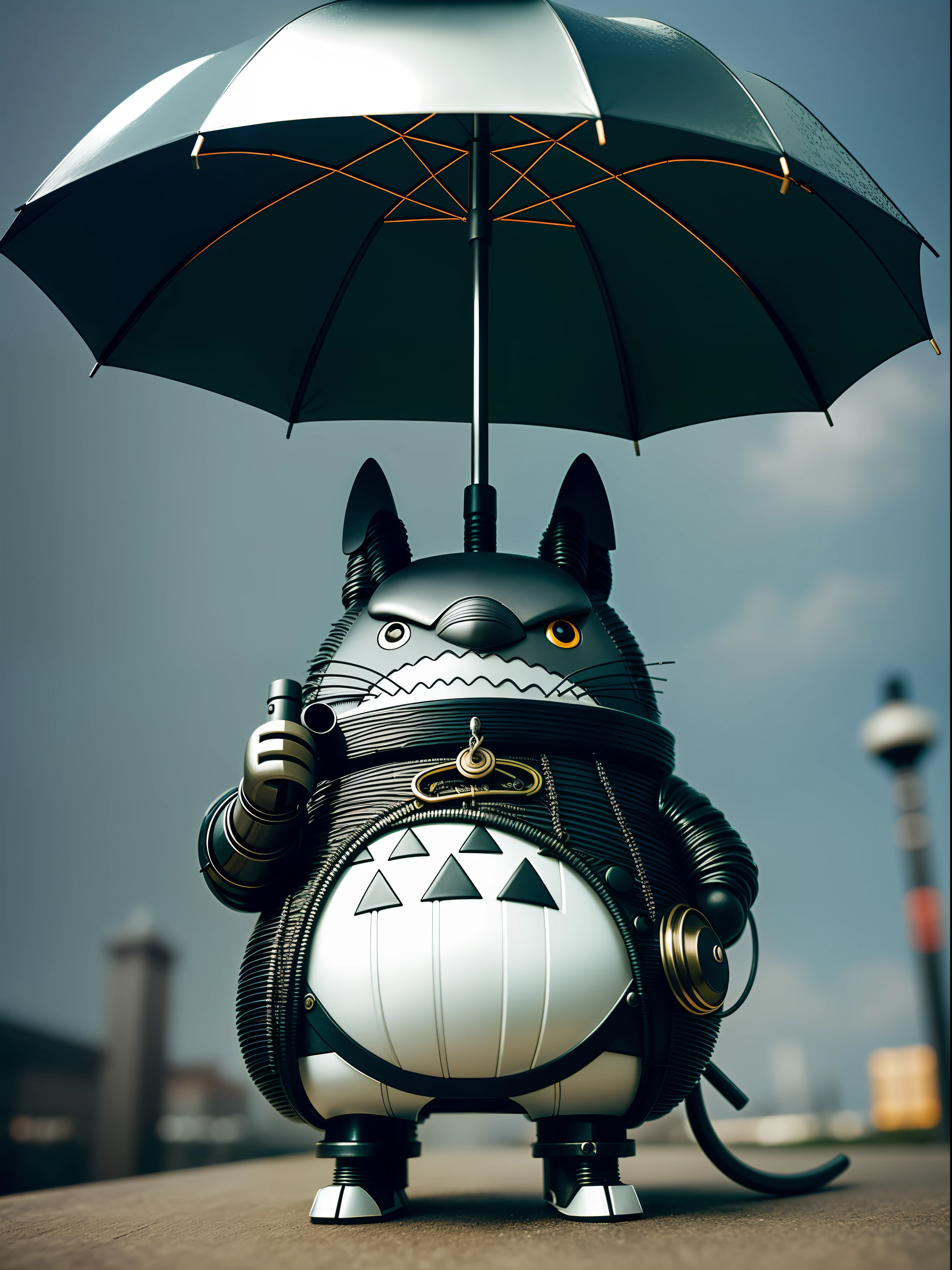 Miyazaki Totoro with umbrella, new metallic, showing fashion sense + (cyborg), matte texture metal texture + (tail | detailed wire:1.3), complex texture + (complex details), high dynamic range + (HDR), open detail crossing new heights + (complex details, hyperdetailed: 1.2), cinematic capture, revealing intriguing atmosphere + (movie lens), vignette effect highlighting + (vignette), picture centered, Highlight the subject + (center).