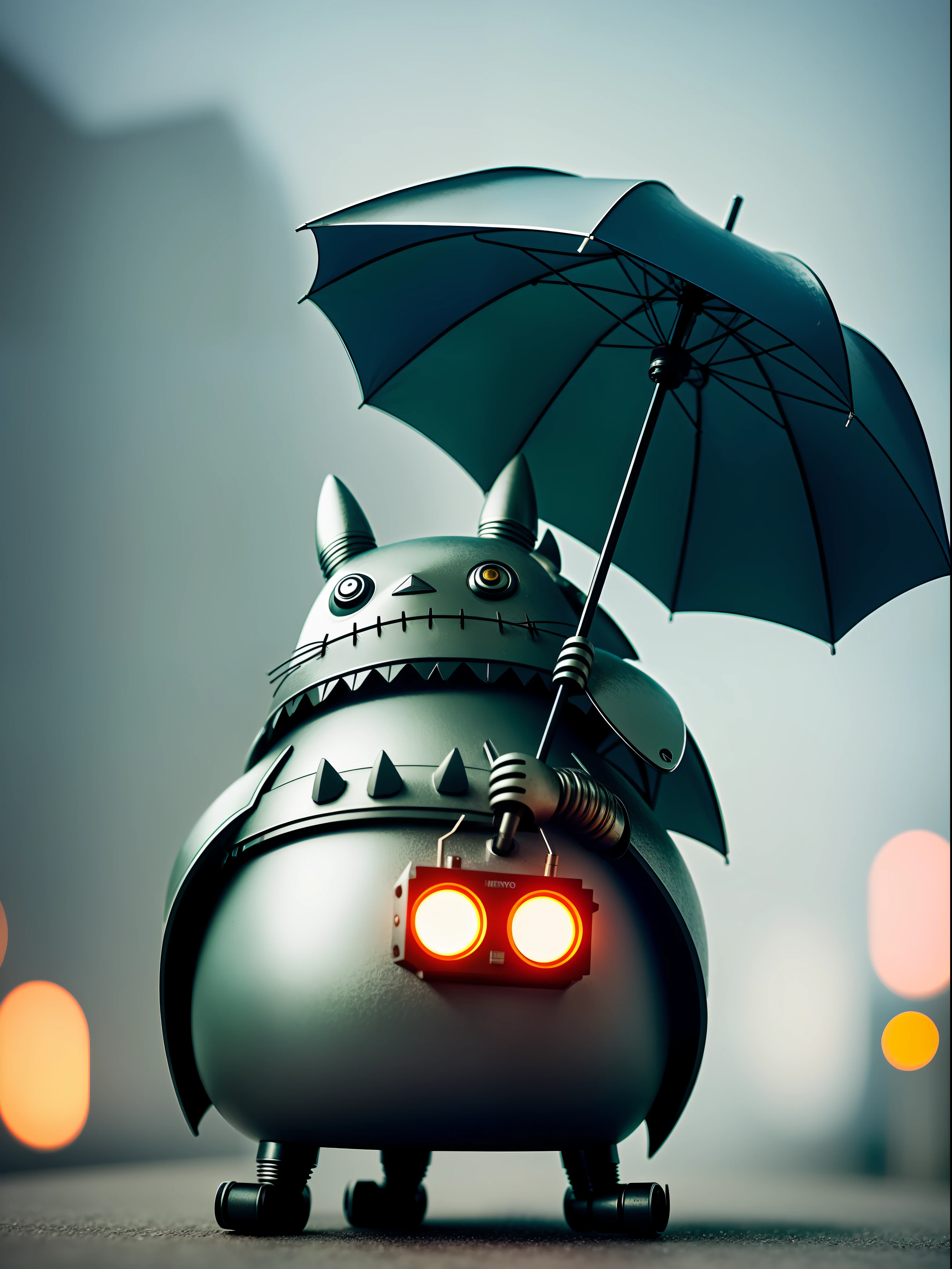 Miyazaki Totoro with umbrella, new metallic, showing fashion sense + (cyborg), matte texture metal texture + (tail | detailed wire:1.3), complex texture + (complex details), high dynamic range + (HDR), open detail crossing new heights + (complex details, hyperdetailed: 1.2), cinematic capture, revealing intriguing atmosphere + (movie lens), vignette effect highlighting + (vignette), picture centered, Highlight the subject + (center).