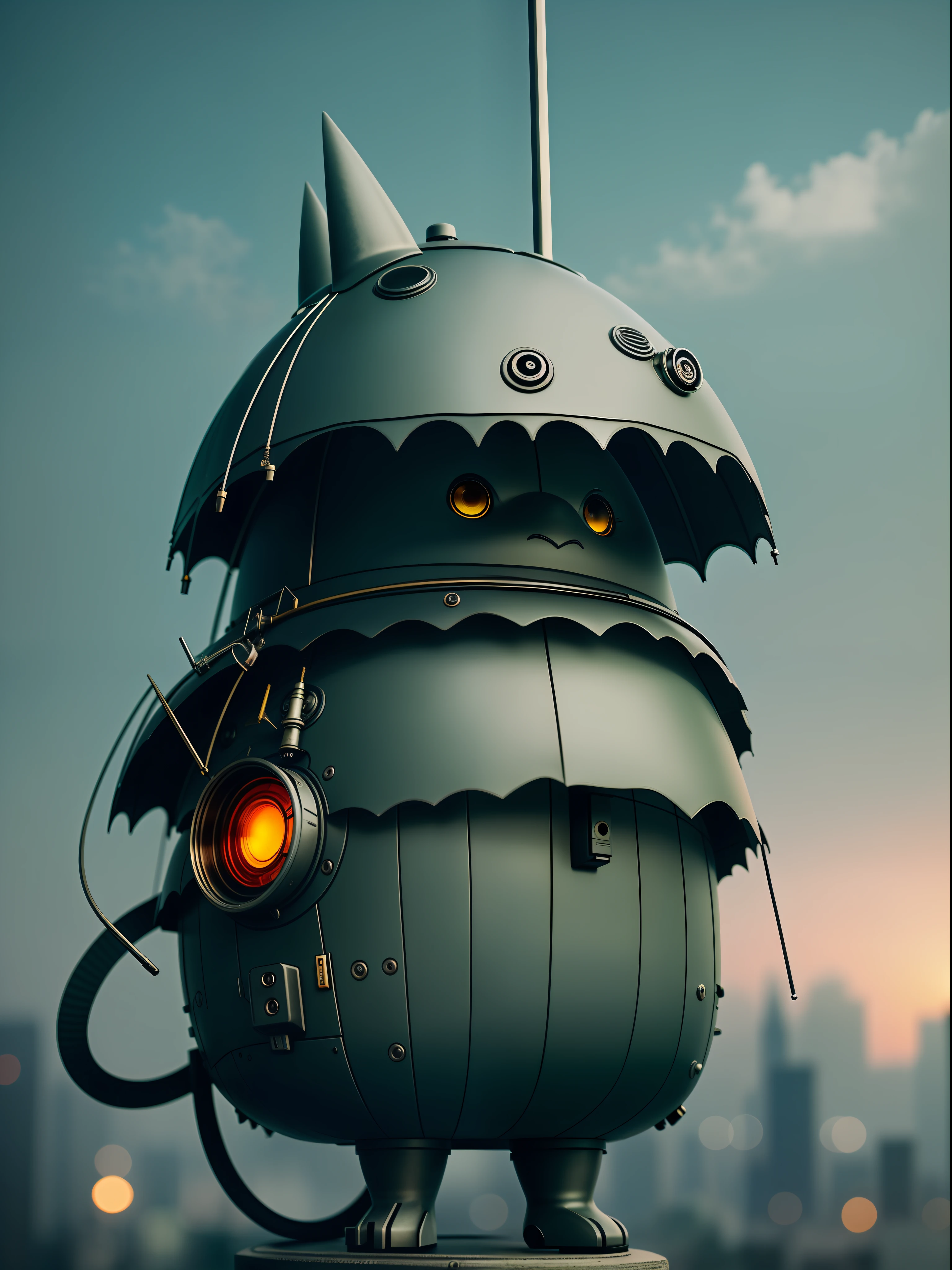 Miyazaki Totoro with umbrella, new metallic, showing fashion sense + (cyborg), matte texture metal texture + (tail | detailed wire:1.3), complex texture + (complex details), high dynamic range + (HDR), open detail crossing new heights + (complex details, hyperdetailed: 1.2), cinematic capture, revealing intriguing atmosphere + (movie lens), vignette effect highlighting + (vignette), picture centered, Highlight the subject + (center).