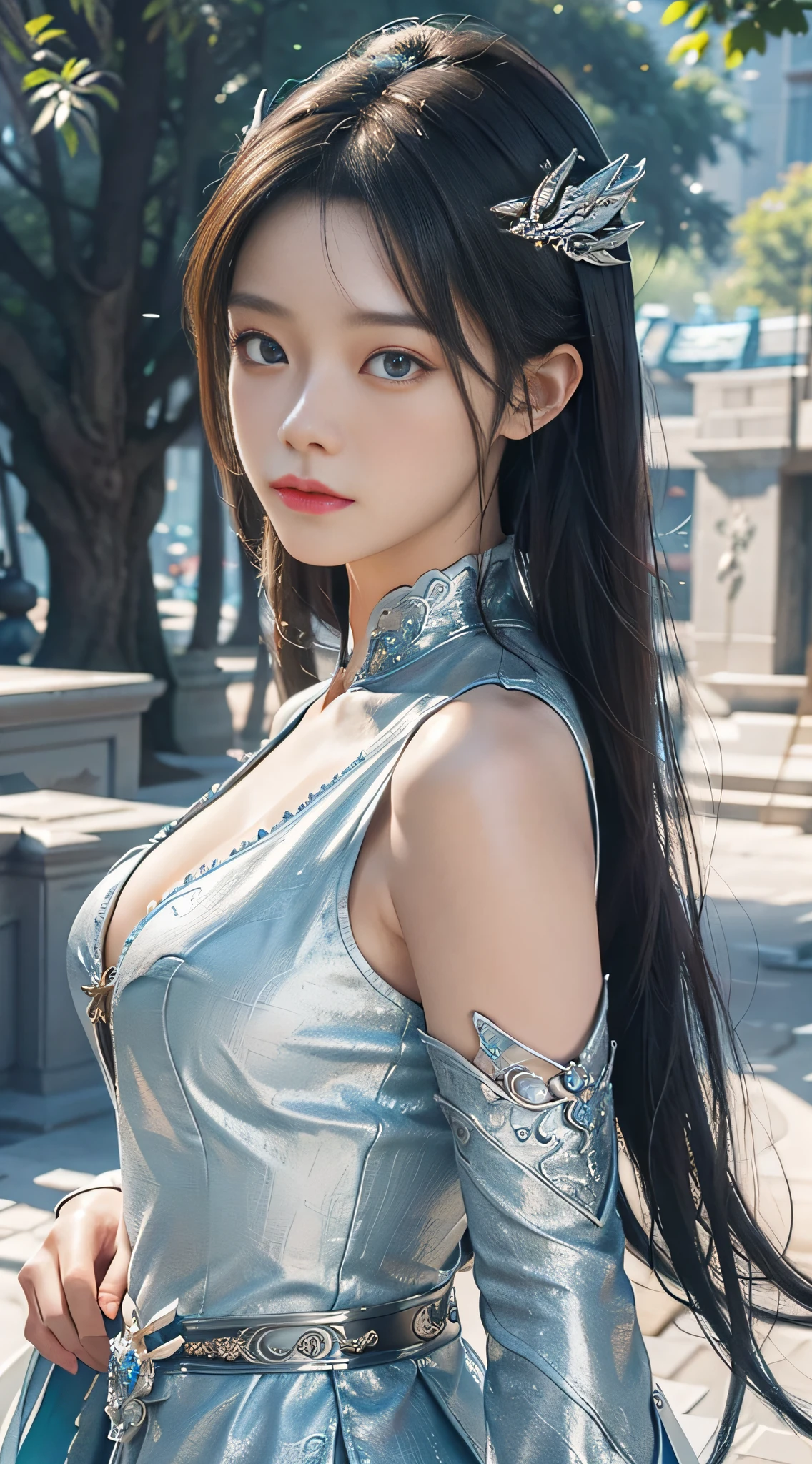 a close up of a woman in a women in a silver and blue dress, chengwei pan on artstation, by Yang J, detailed fantasy art, stunning character art, fanart best artstation, epic exquisite character art, beautiful armor, extremely detailed artgerm, Detailed digital anime art, Artgerm on ArtStation Pixiv, armor girl