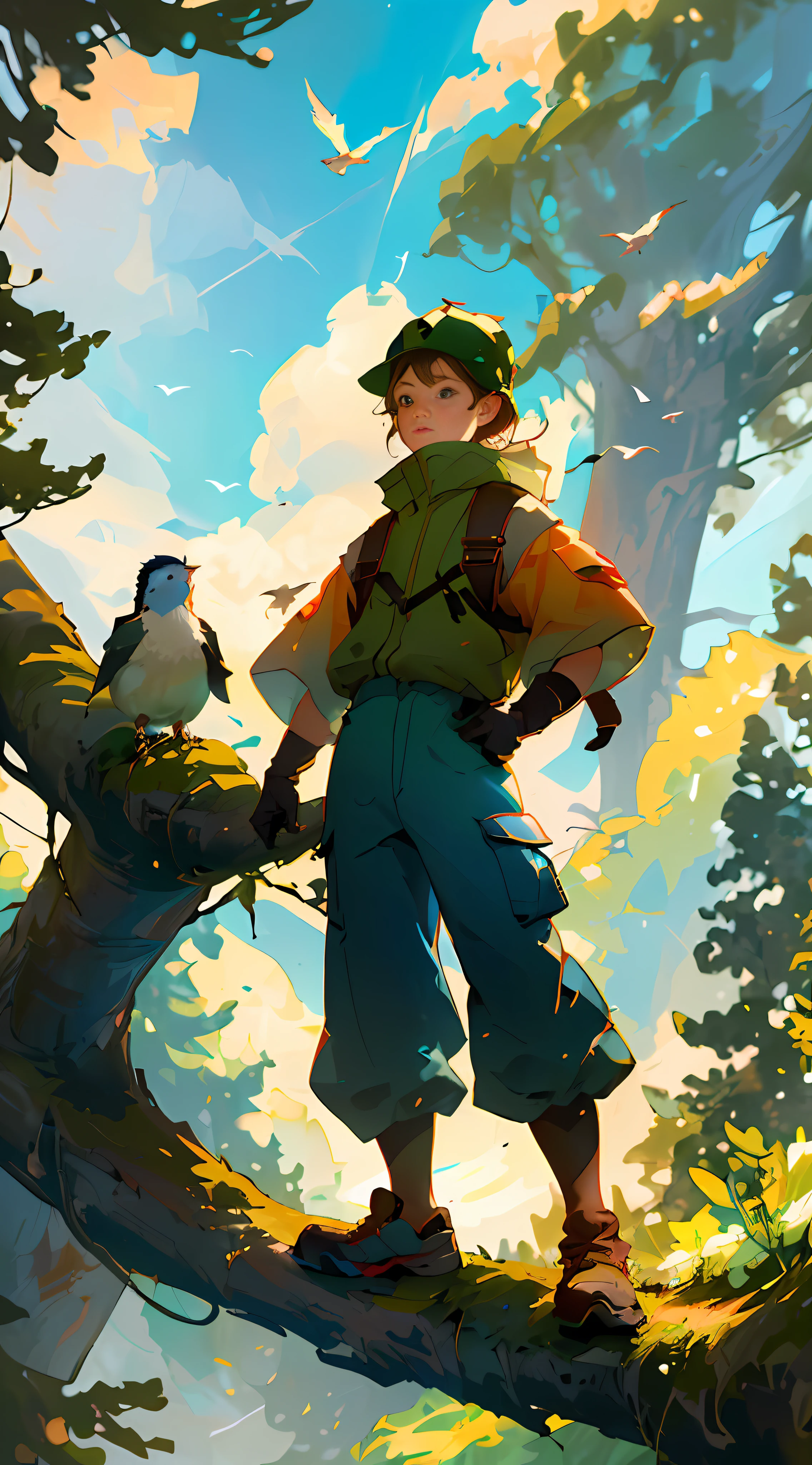 (High quality, 4K, HDR) 1 child boy, adventurer, hat, trail clothes, brave adventurer, beautiful colors in the sky, birds in the background, animal, harmonious forest on a large scale, pants. (masterpiece, ultra realistic professional lighting, ultra thin 8K, fine texture of detailed background, sharp face with perfect strokes.