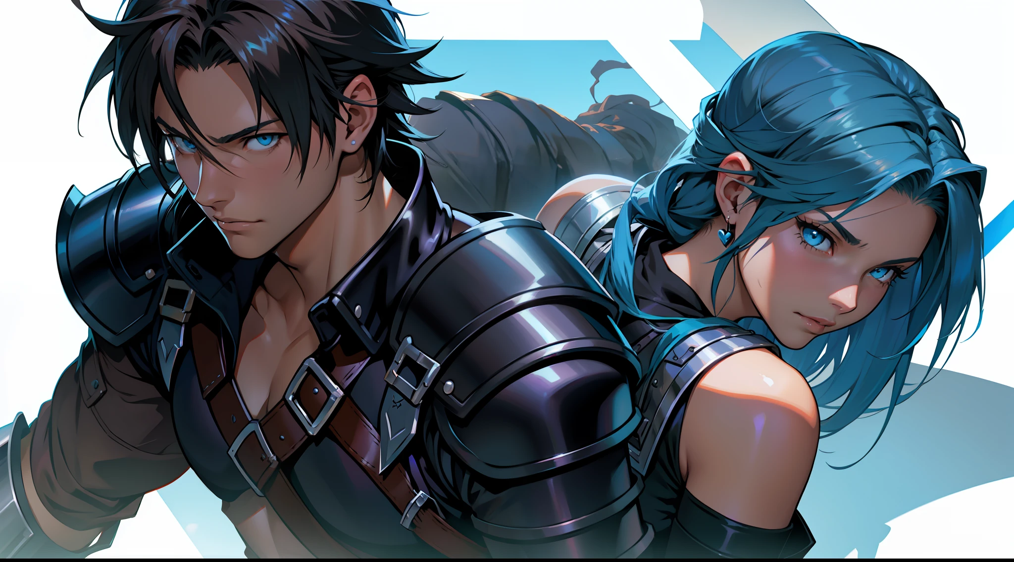 Squall Leonheart and Rinoa Heartilly from Final Fantasy 8 as medieval paladins, with full armor (Squall with black armor) (Rinoa with blue armor) and swords