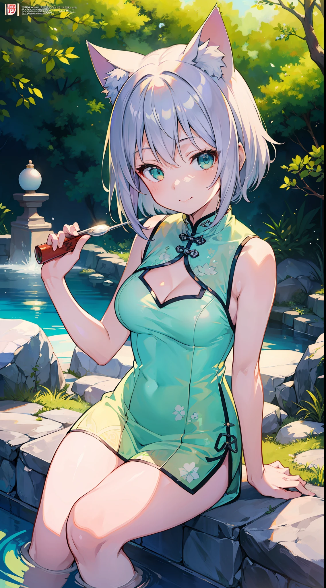 Masterpiece, Top Quality Anime Illustration, Super Detail, Single Girl, Solo, Beautiful Girl with Silver Hair, Anime , Cat Ear Lolile Green See-Through Cheongsam, Short Cheongsam, Sleeveless, Smile, Bare Skin Side Breast, Thigh Focus, Cleavage Emphasis, Hot Spring