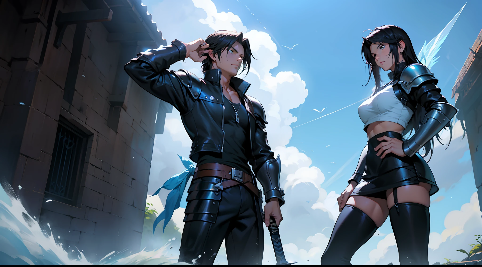 Squall Leonheart and Rinoa Heartilly from Final Fantasy 8 as medieval paladins, with full armor (Squall with black armor) (Rinoa with blue armor) and swords