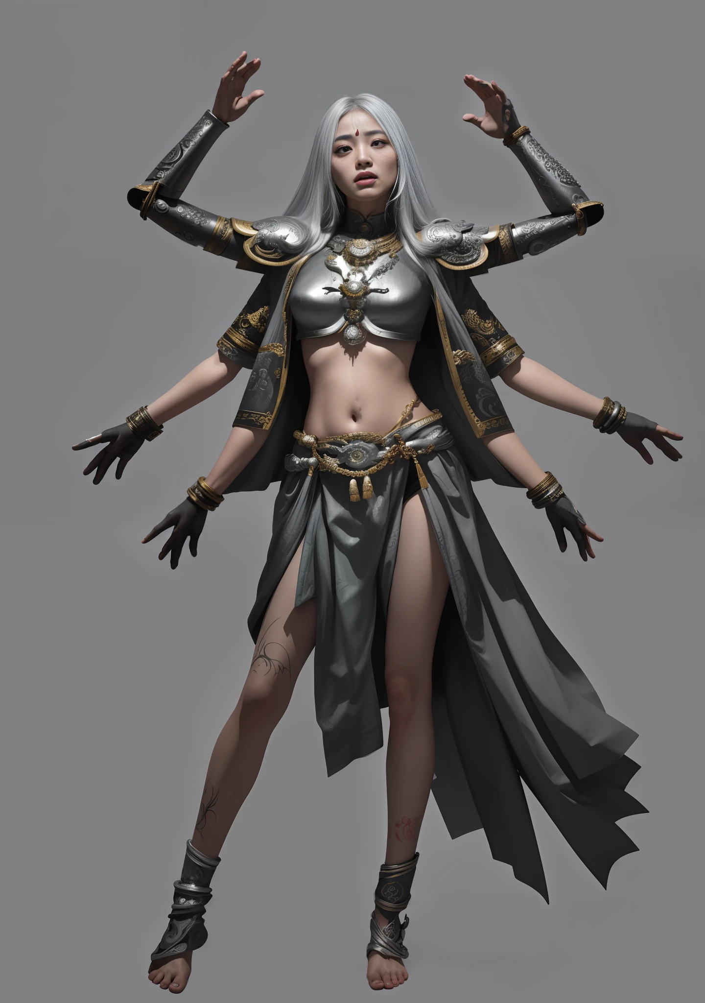 Asura Goddess, Buddhist elements, detailed face and eyes, silver long hair, full body, Japanese armor, rich details, gorgeous patterns, shabby fabric, barefoot, realistic, photo, masterpiece, realism, high contrast, realistic digital art trends in Artstation 8k HD HD details realistic, detailed, skin texture, super detailed, realistic skin texture, armature, best quality, super high resolution, (realistic:1.4),, high resolution, detailed, original photo, sharp re, Lee Jeffries Nikon D850 Film Stock Photo 4 Kodak Portra 400 Camera F1.6 Lens Rich Colors Ultra-realistic textures Dramatic lighting Unreal Engine Trends on the Art Station Movie Still 800