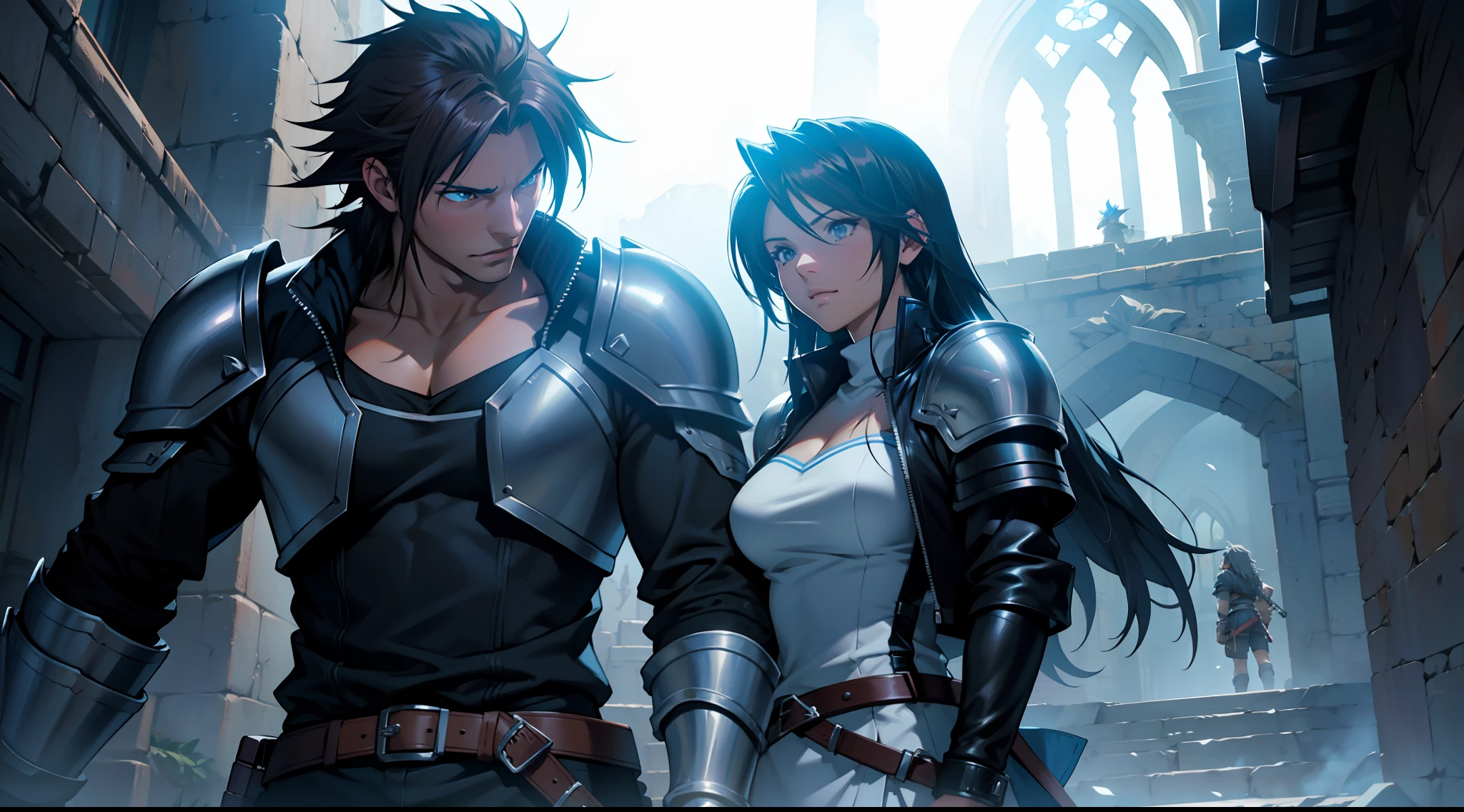Squall Leonheart and Rinoa Heartilly from Final Fantasy 8 as medieval paladins, with full armor (Squall with black armor) (Rinoa with blue armor) and swords