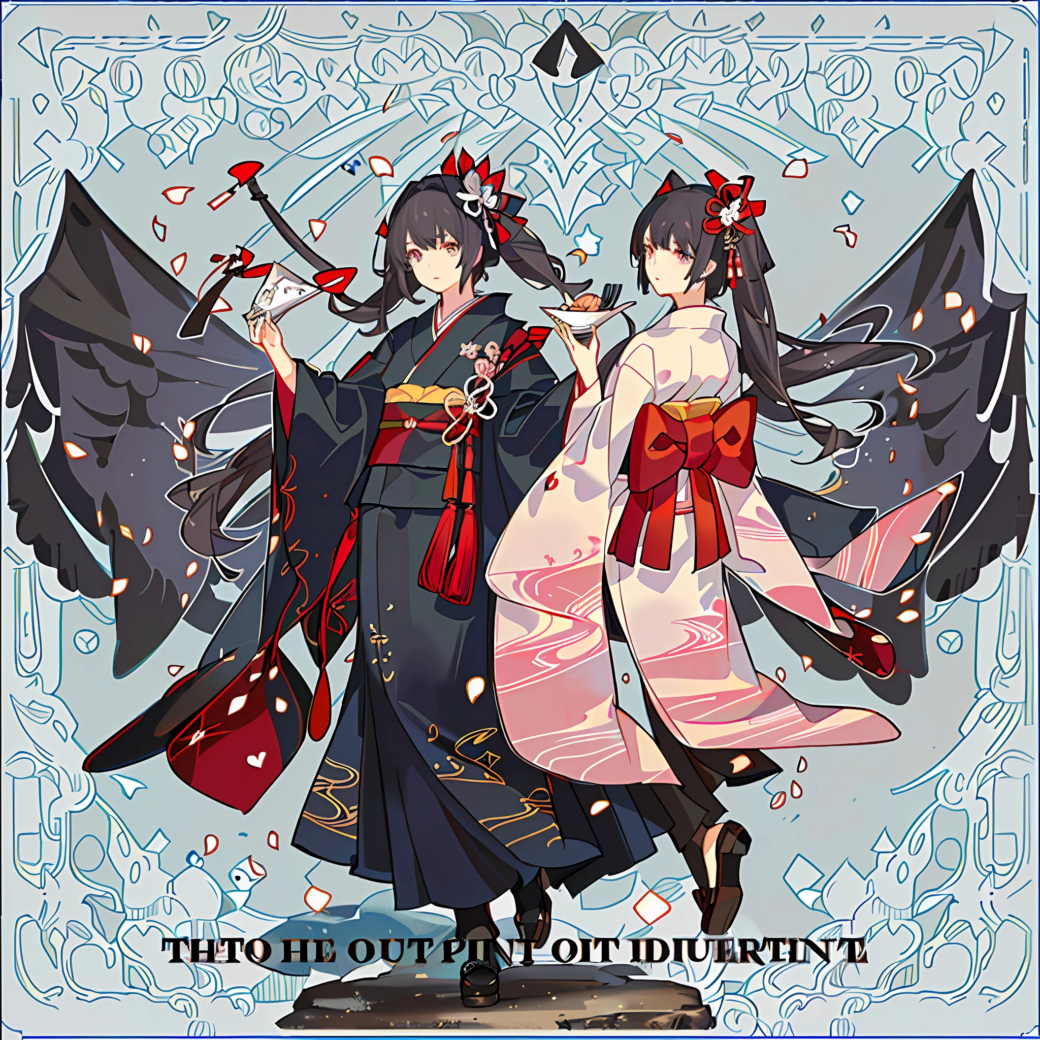 Masterpiece, animate, details, detailed eyes, front, full body shot, away from the camera, facing the camera, character standing painting, 1 loli, stand,矮个子,平胸, eyes blank, (expression indifference*2), gorgeous kimono, pink_blue kimono, 短裙,intricate patterns on clothes, silky long hair, black hair,白色背景