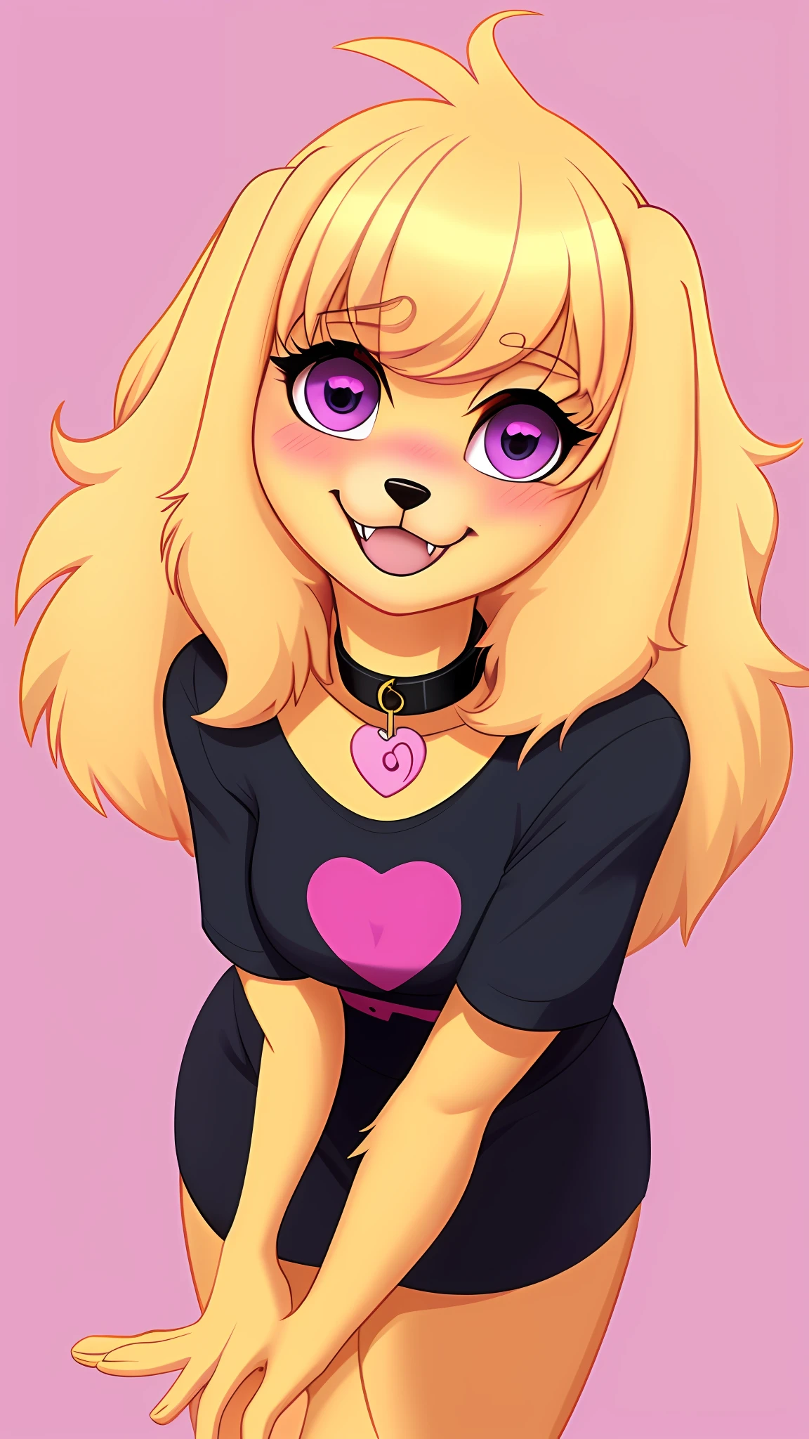 1girl, solo, fangs, happy, full body, clothed, body fur, furry female, furry, purple eyes, tail, looking at viewer, animal ears, blonde hair, :3, short hair, yellow fur, flat color, heart collar, medium breasts, animal nose, choker, dog girl, collar, dog ears, bangs, nose blush, dog tail, animal feet, long ears, golden retriever, spaniel dog, fluffy ears, downward ears, floppy ears, long ear fur, ears as hair, adult, mature