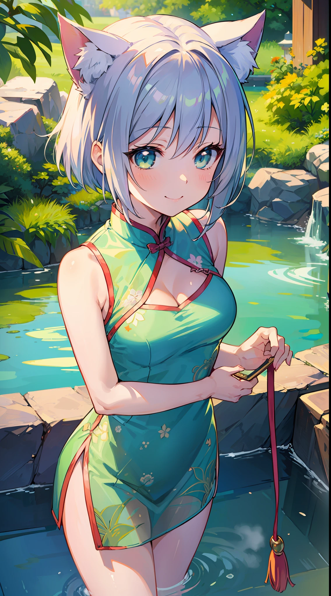 Masterpiece, Top Quality Anime Illustration, Super Detail, Single Girl, Solo, Beautiful Girl with Silver Hair, Anime , Cat Ear Lolile Green See-Through Cheongsam, Short Cheongsam, Sleeveless, Smile, Bare Skin Side Breast, Thigh Focus, Cleavage Emphasis, Hot Spring