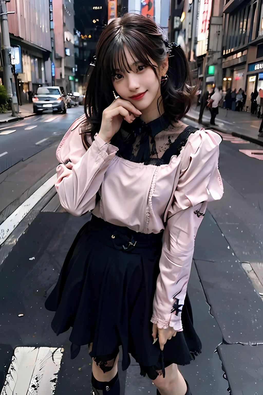 best quality, masterpiece, ultra high res, 8K, raw, (photo realistic:1.4), sharp focus, 1 girl, (detailed background:1.5), (tokyo street:1.3), full body, medium built, dynamic pose, cute,18yo, evil smile, big black eyes, medium breasts, pink hair, short hair, detailed clothes