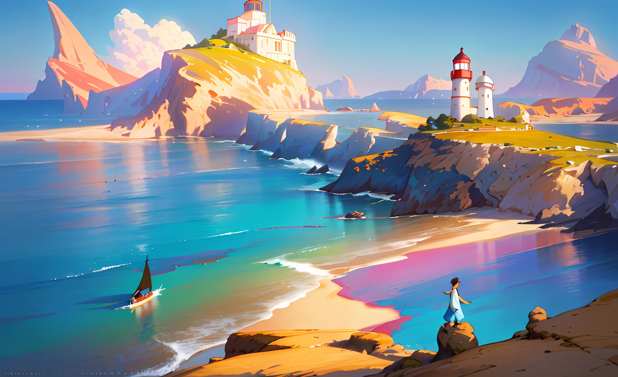painting of a beach with a cliff and a lighthouse in the distance, 4k highly detailed digital art, beautiful digital painting, gorgeous digital painting, ross tran. scenic background, concept art | rhads, by sparth, stunning digital painting, smooth digital concept art, bastien grivet, beautiful art uhd 4 k, inspired by sylvain sarrailh