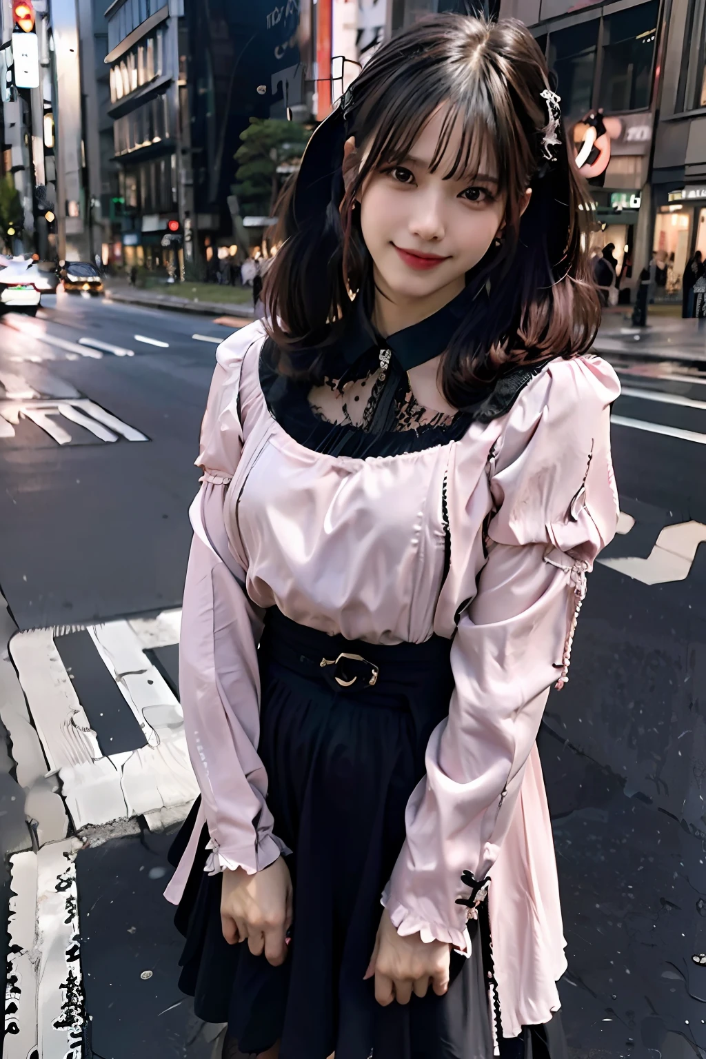 best quality, masterpiece, ultra high res, 8K, raw, (photo realistic:1.4), sharp focus, 1 girl, (detailed background:1.5), (tokyo street:1.3), full body, medium built, dynamic pose, cute,18yo, evil smile, big black eyes, medium breasts, pink hair, short hair, detailed clothes