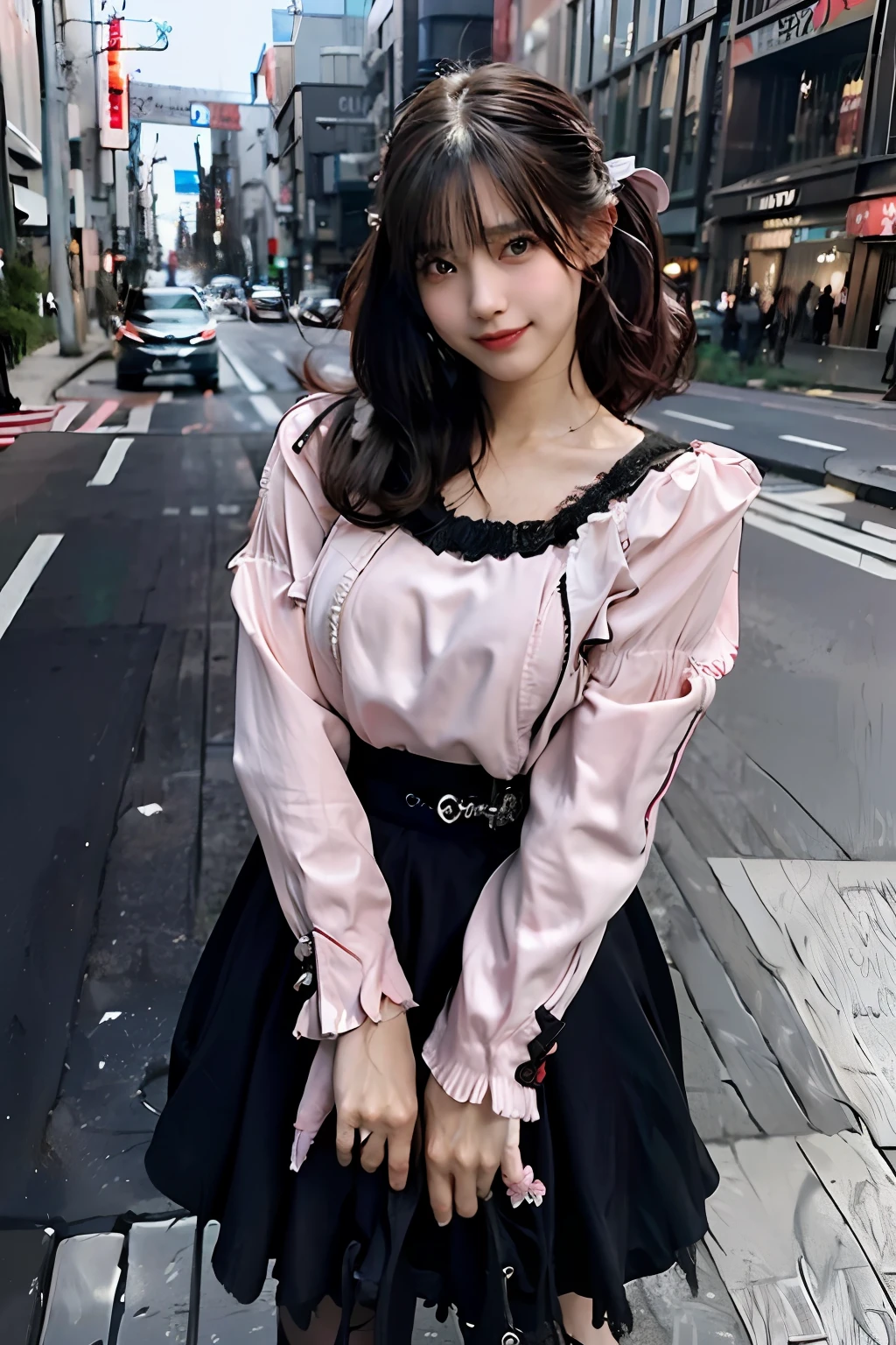 best quality, masterpiece, ultra high res, 8K, raw, (photo realistic:1.4), sharp focus, 1 girl, (detailed background:1.5), (tokyo street:1.3), full body, medium built, dynamic pose, cute,18yo, evil smile, big black eyes, medium breasts, pink hair, short hair, detailed clothes
