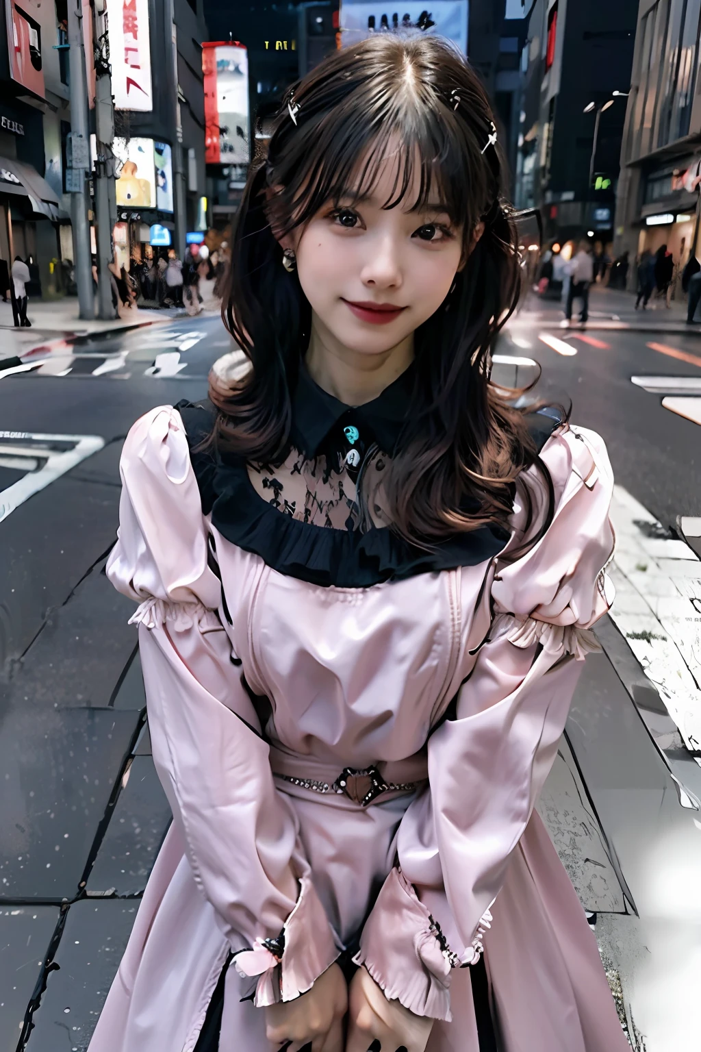 best quality, masterpiece, ultra high res, 8K, raw, (photo realistic:1.4), sharp focus, 1 girl, (detailed background:1.5), (tokyo street:1.3), full body, medium built, dynamic pose, cute,18yo, evil smile, big black eyes, medium breasts, pink hair, short hair, detailed clothes