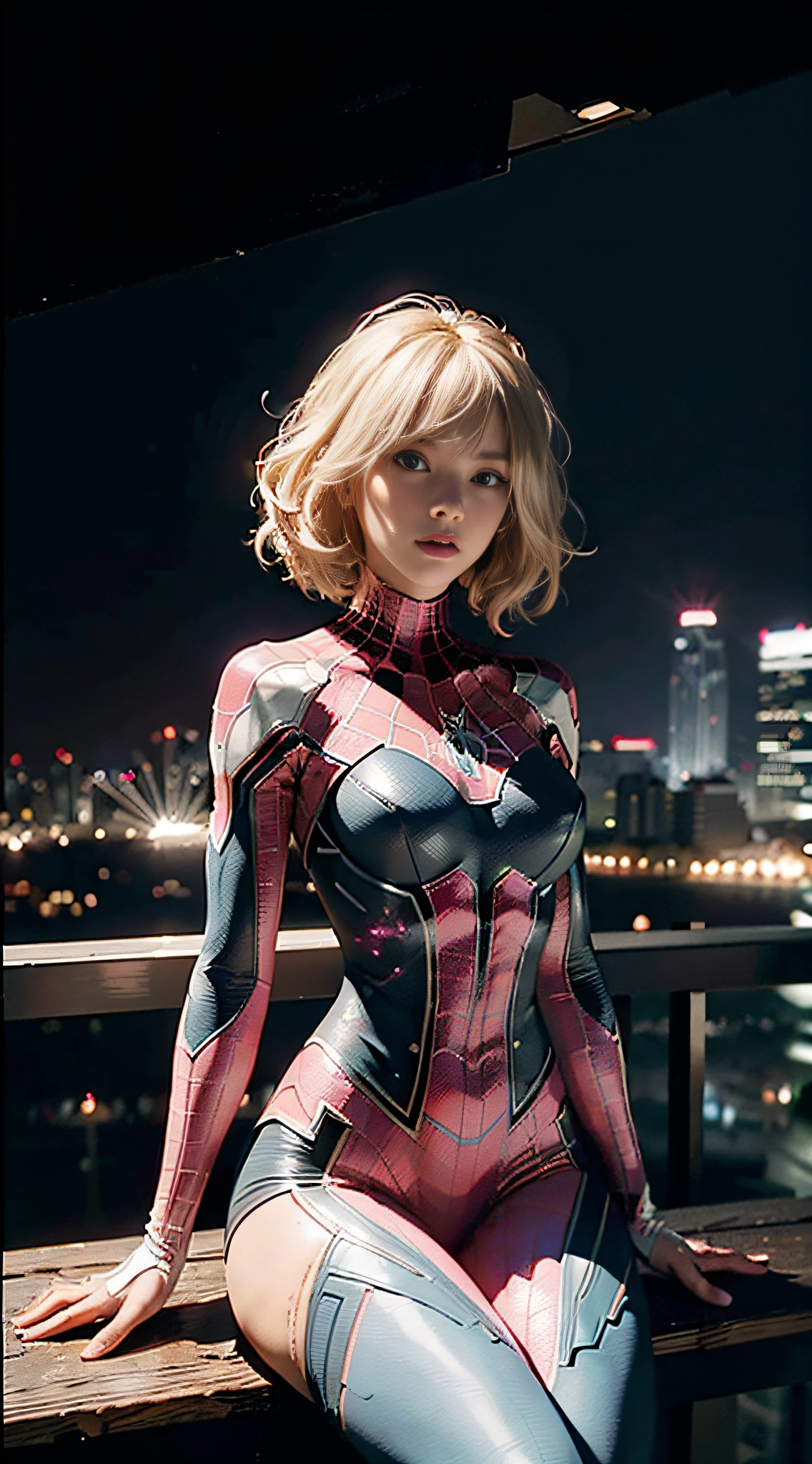 (Extreme Detail CG Unity 8K wallpaper, masterpiece, high quality), (Exquisite lighting and shadow, highly dramatic image, cinematic lens effect), Spider Gwen, blonde, blue eyes, from the parallel universe of Spider-Man, Wenger, Marvel, Spider-Man, sitting on top of a skyscraper, city lights below), (excellent detail, excellent lighting, wide angle), (excellent rendering, enough to stand out in its class), pink and white uniform, complex spider textures
