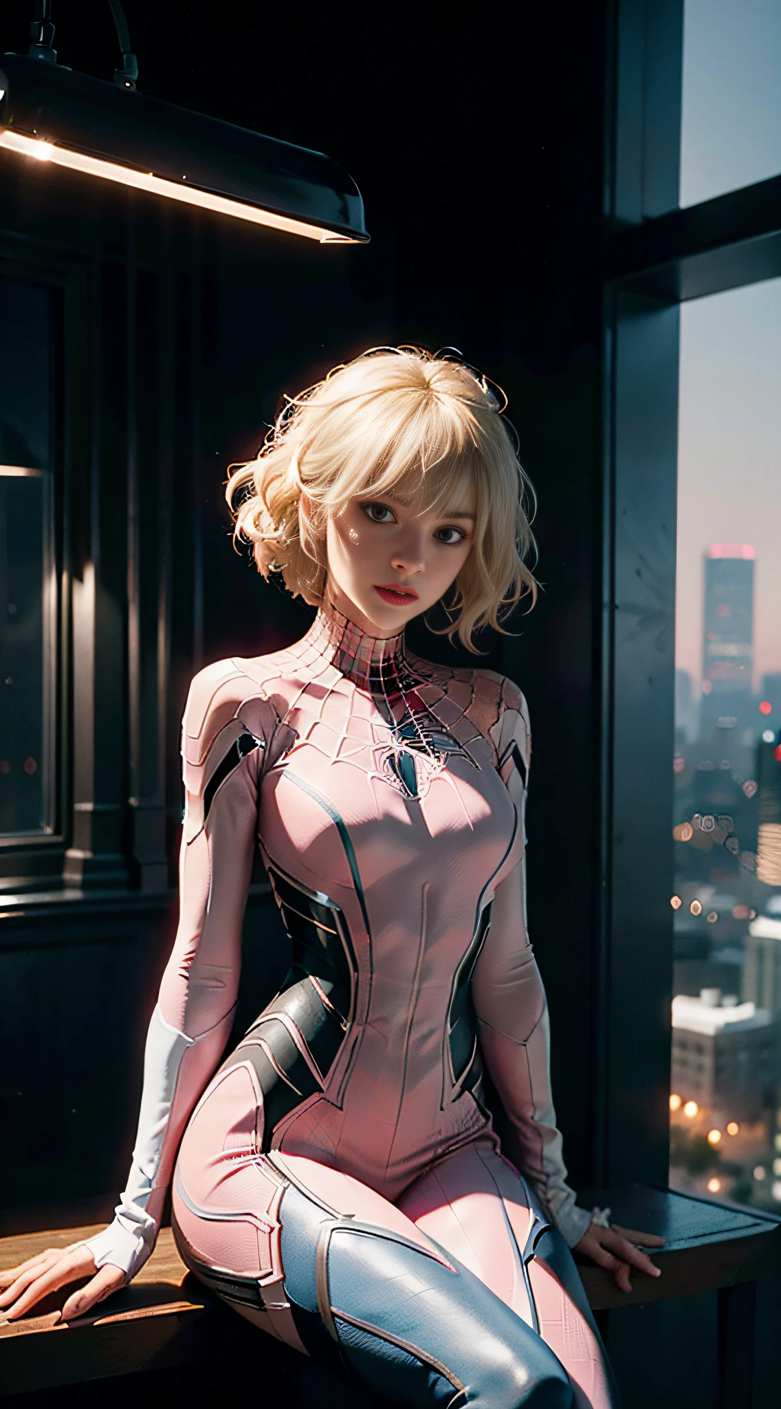 (Extreme Detail CG Unity 8K wallpaper, masterpiece, high quality), (Exquisite lighting and shadow, highly dramatic image, cinematic lens effect), Spider Gwen, blonde, blue eyes, from the parallel universe of Spider-Man, Wenger, Marvel, Spider-Man, sitting on top of a skyscraper, city lights below), (excellent detail, excellent lighting, wide angle), (excellent rendering, enough to stand out in its class), pink and white uniform, complex spider textures