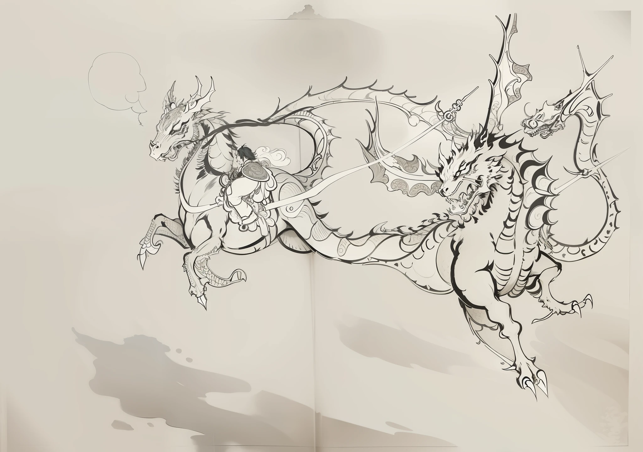 drawing of a man riding a horse with a dragon on it, dragon flying in the background, dragon in the background, inspired by Kameda Bōsai, inspired by Kanō Hōgai, inspired by Kawanabe Kyōsai, inspired by Tawaraya Sōtatsu, dragon with scars, as an anthropomorphic dragon