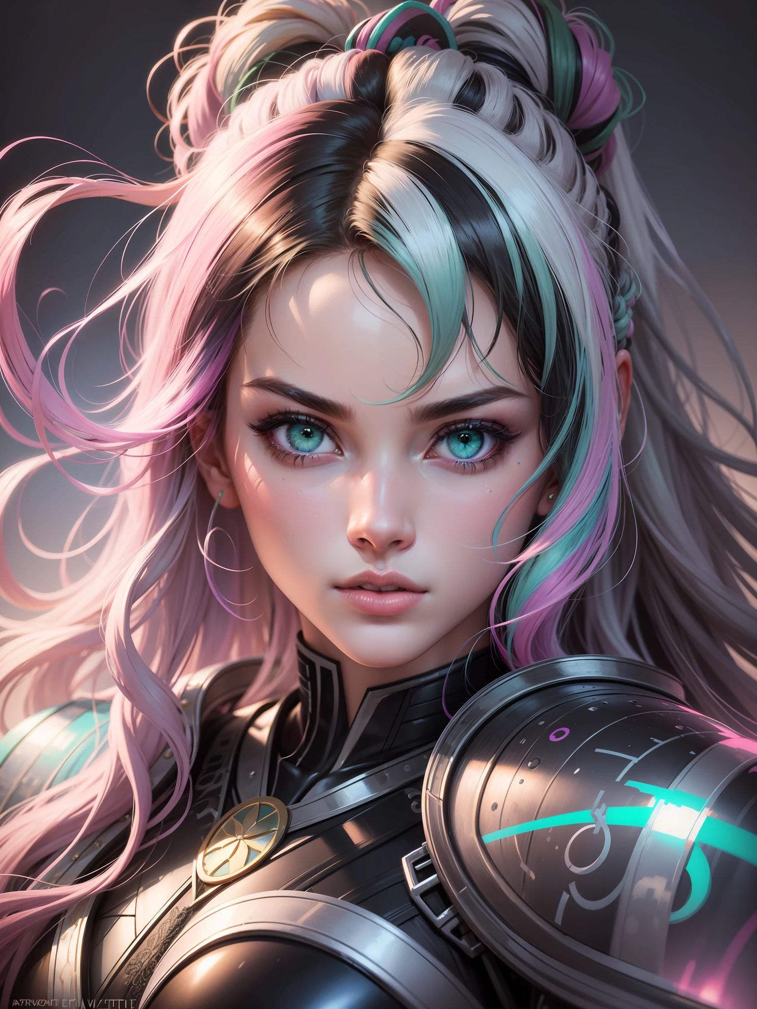'Close up, beautiful girl, full body, sensual pose, prated hair, green eyes, in modern fighting costume, hyper realistic, pastel colors, complementary colors, soft colors, vibrant colors, dramatic colors, vaporwave, retrowave, black and white, colorfull, artochrome, highly detailed, 4K'