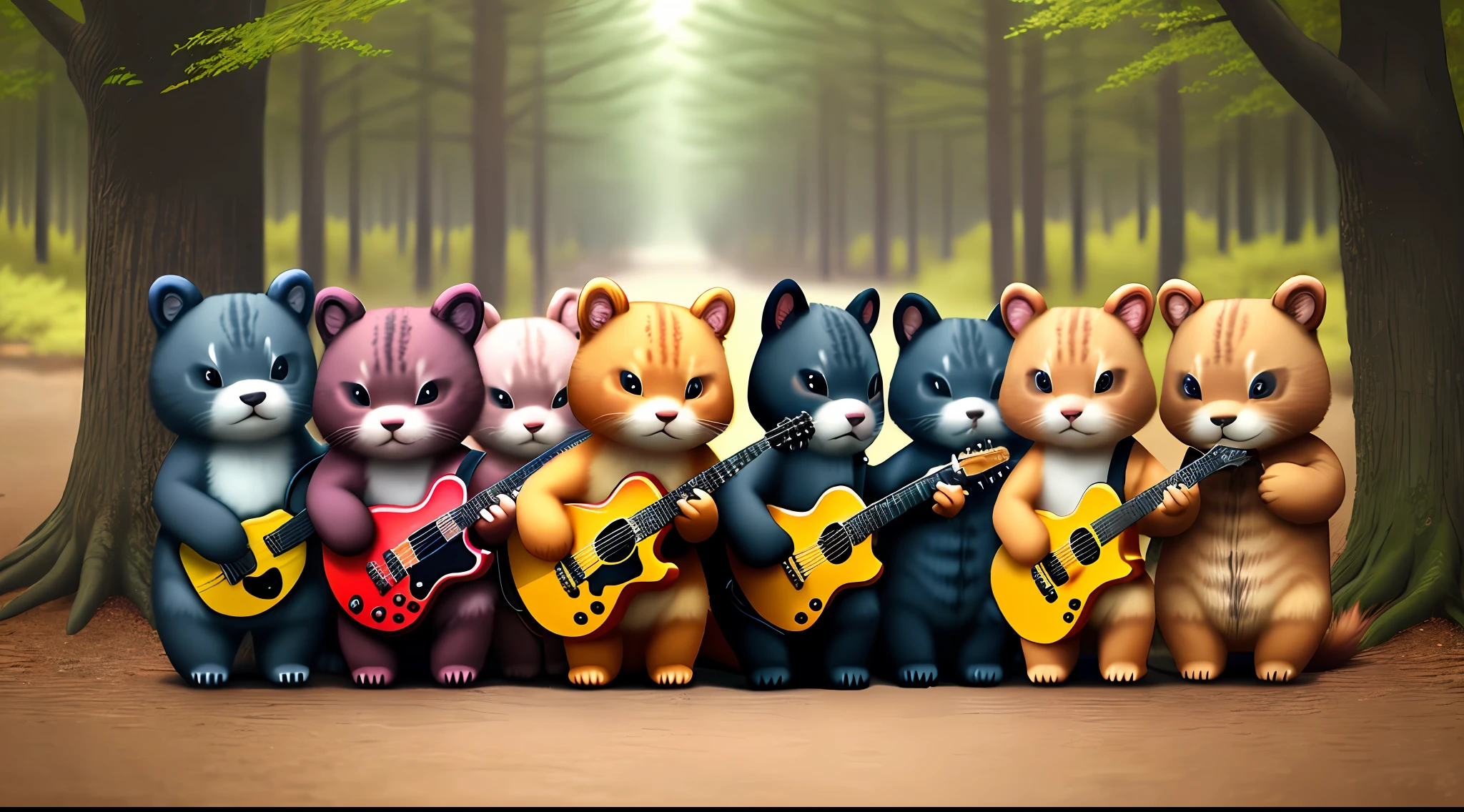 Demon, Bear, Cat, Squirrel, Cute, Animal, Forest, Musical Note, Music, Guitar, Kids, Anime, Cartoon, Illustration, No Human, No Human, Only Animals