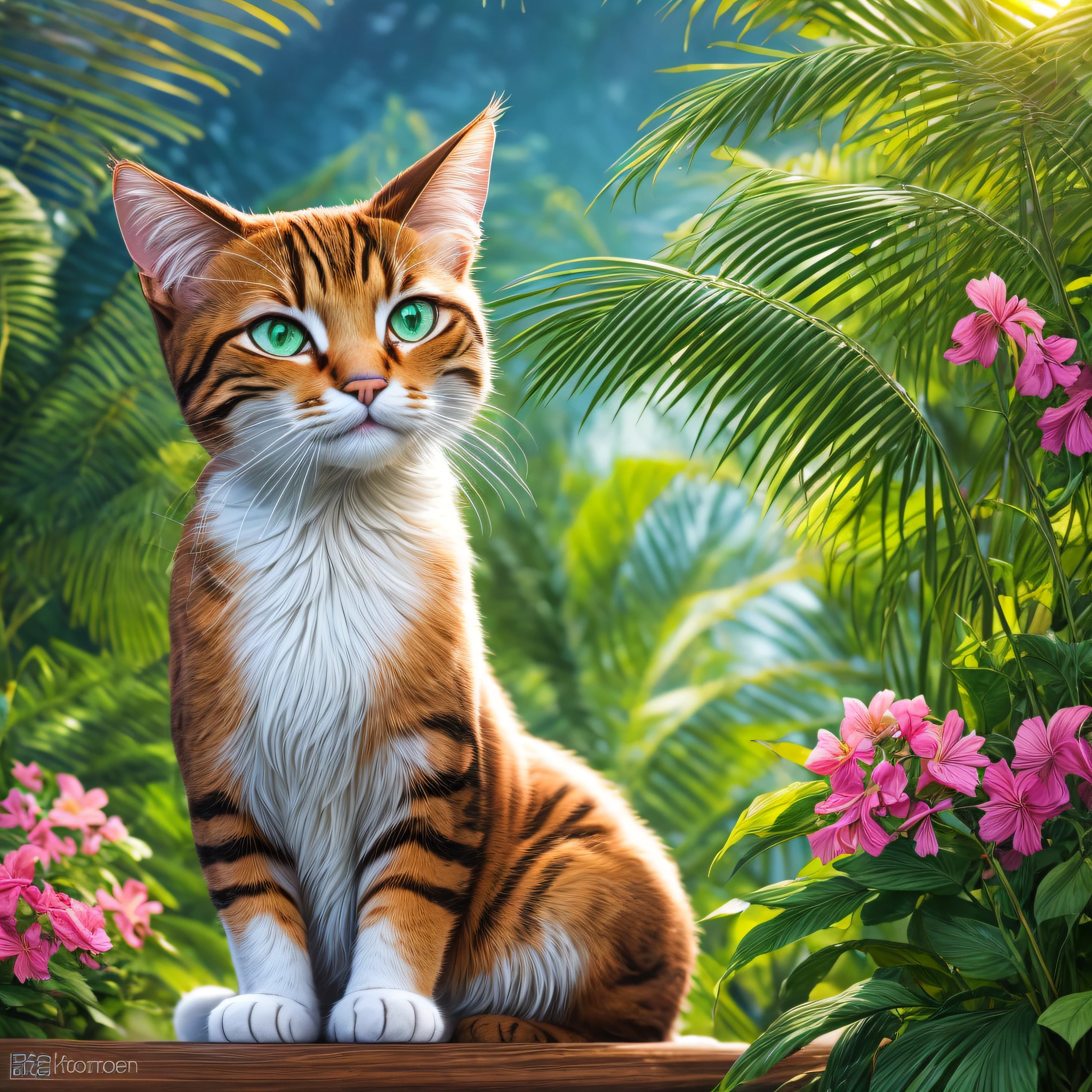 As the sun sets over a lush, tropical garden, a graceful Thai Cat perches on a wooden fence, its fur glistening in the golden hour light. With its emerald green eyes gleaming, the cat exudes an air of mystery and elegance. Shot through a wide-angle lens, the image captures the cat's sleek form against a backdrop of vibrant flowers and swaying palm trees. The lens distorts the perspective, adding a touch of artistic flair to the composition. The warm, soft lighting of the setting sun casts a gentle glow on the subject, highlighting its every detail and creating a sense of tranquility. The photograph, with its vibrant colors and dreamlike quality, transports the viewer into a world of serenity and beauty. --auto --s2