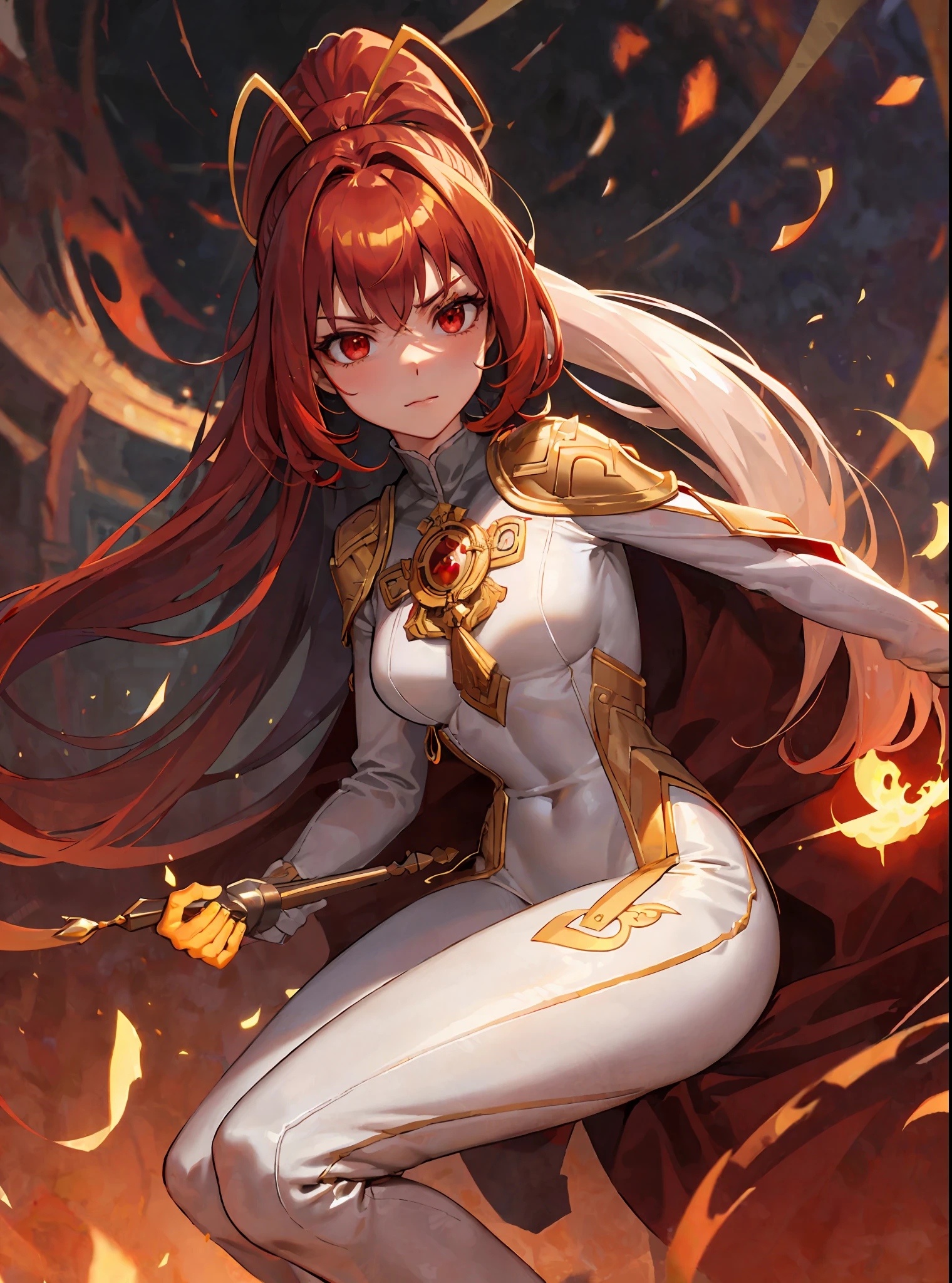 (masterpiece, best quality), close-up picture, alone, an adult woman with very long brown hair, (((white and gold bodysuit))), golden shoulder pads, (((old hairstyle with ponytail))), red ribbon in hair, bare legs, bodysuit, queen, ((fire)), chains, halo, good anatomy, ((chestnut)), correct proportions, boots, bright colors, torn clothes, queen, red eyes, serious, mysterious appearance,  blood, emotionless, palace, straight bangs, very long red hair, evil, (yellow eyes), gothic, medium chest, blood spikes, chest to head show, cinematics, color oil painting, solo, cinematic lighting, extremely detailed face, finely detailed face, beautiful face, beautiful eyes, perfect lighting, depth of field, realistic proportions, good anatomy, long coat