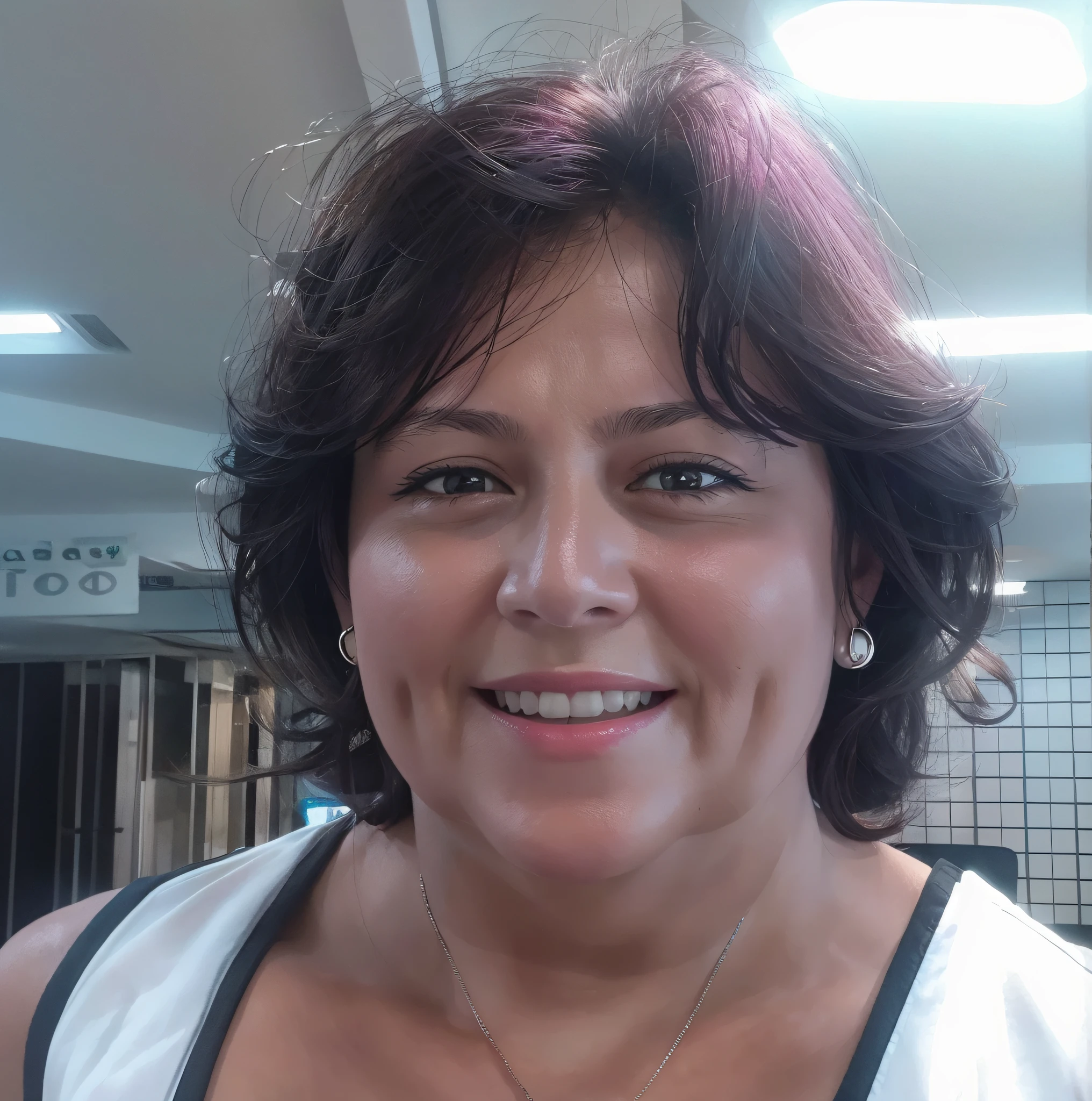 Smiling woman in pink tank top with black trim and white shirt, 8k, strawberry bottom, realistic, --auto --s2