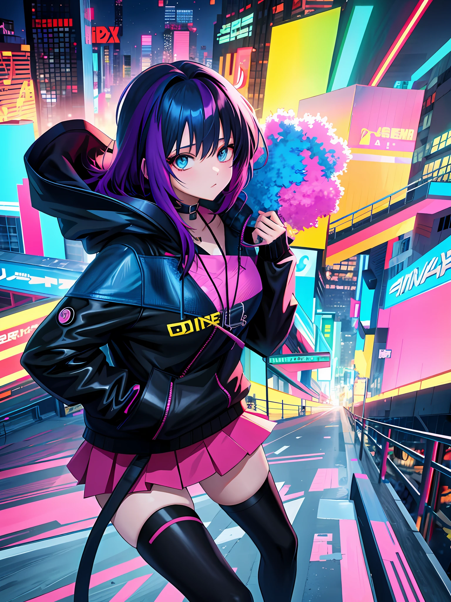 a girl with colorful hair and a black jacket is standing on a ledge, anime style 4 k, anime style. 8k, anime style digital art, anime art wallpaper 4 k, digital cyberpunk - anime art, anime art wallpaper 4k, anime art wallpaper 8 k, anime girl, cyberpunk anime girl, digital cyberpunk anime art, anime wallpaper 4 k
