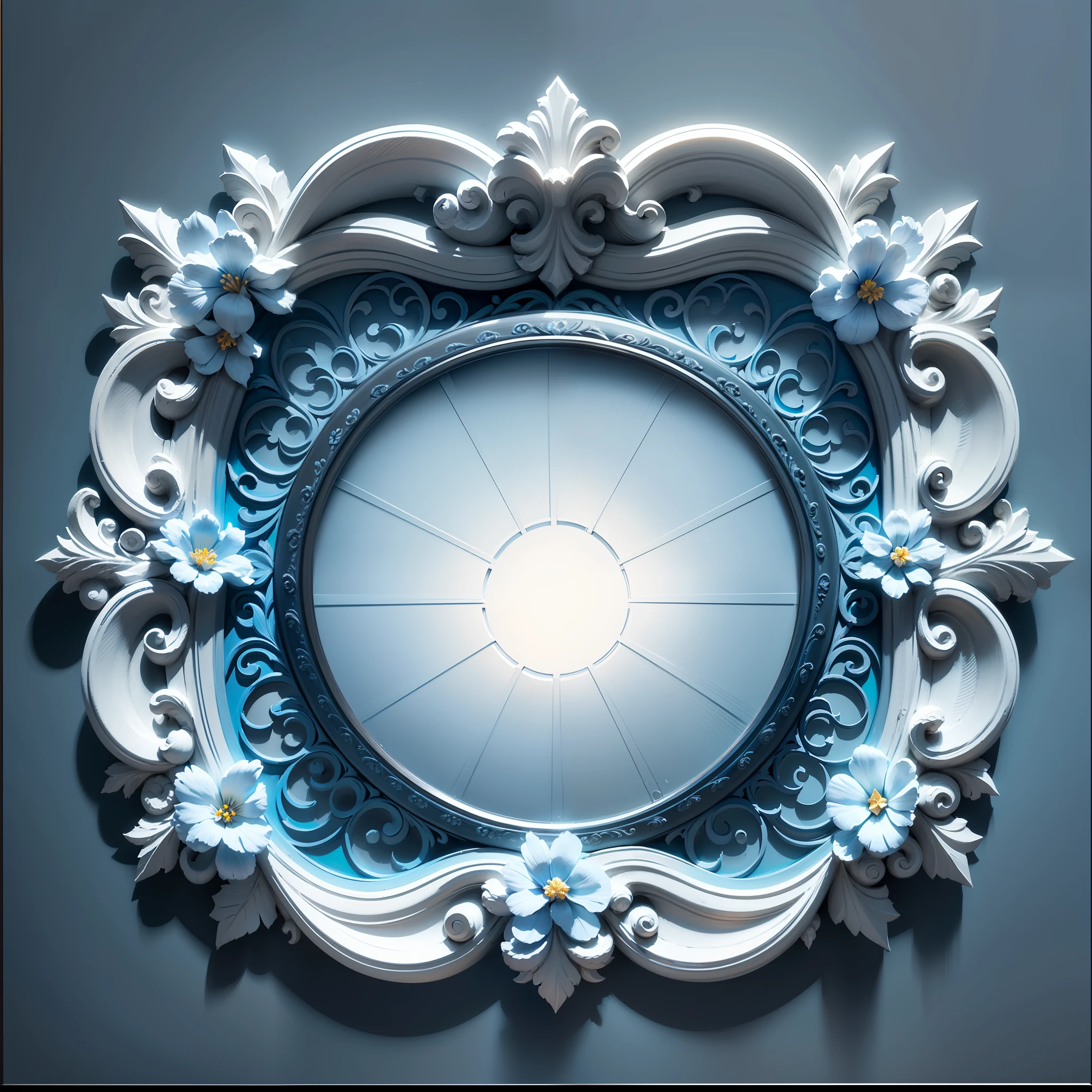 UI interface frame design, classical rectangular picture frame, simple background, middle circle openwork, blue gradient around the frame, iris relief, do not show figures, rococo style, Renaissance, Neoclassicism --auto --s2