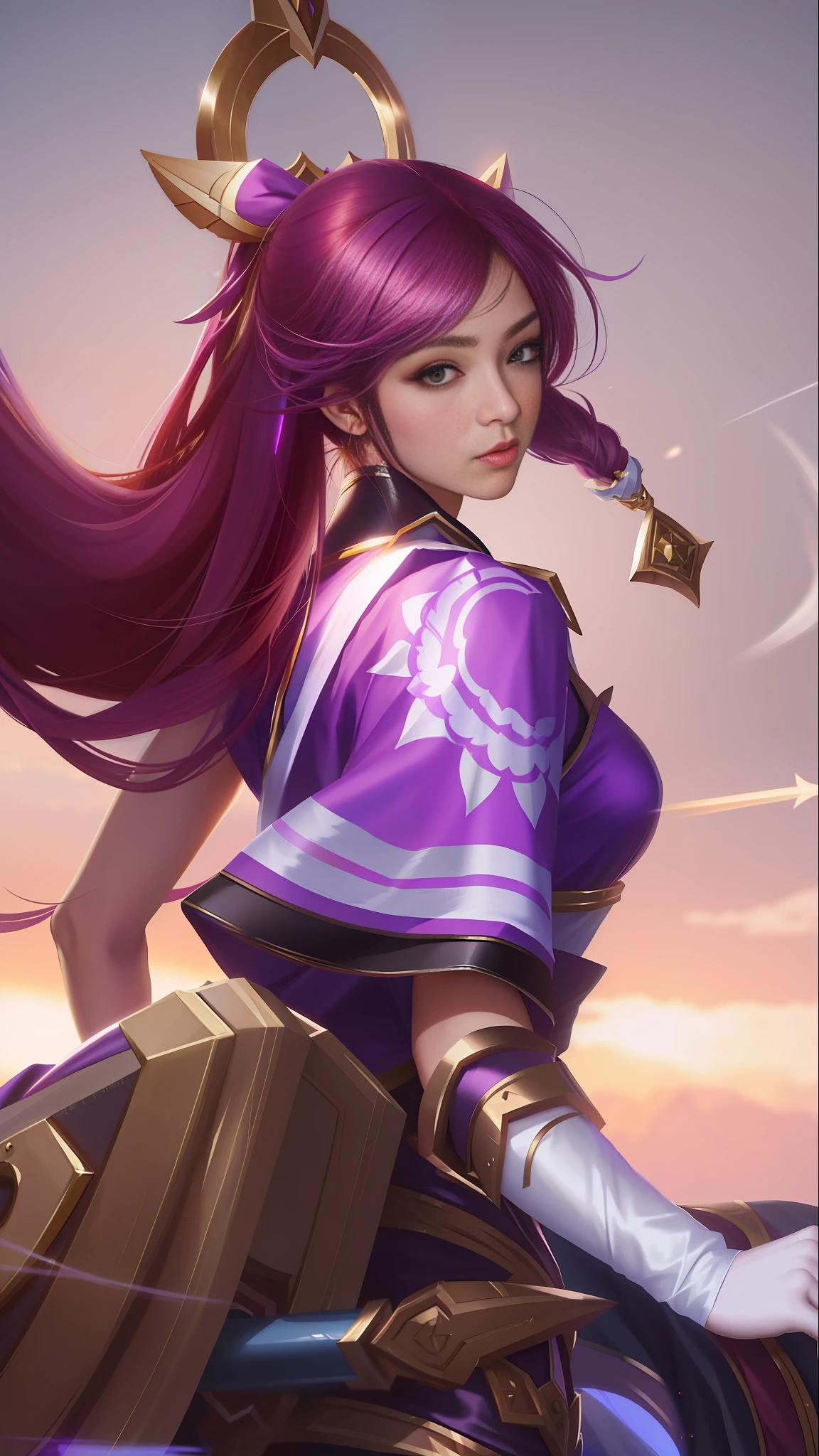 a woman with long hair and a purple outfit holding a sword, extremely detailed artgerm, style artgerm, trending artgerm, league of legends character, artgerm lau, irelia, samira from league of legends, range murata and artgerm, wild rift, style of artgerm, ig model | artgerm