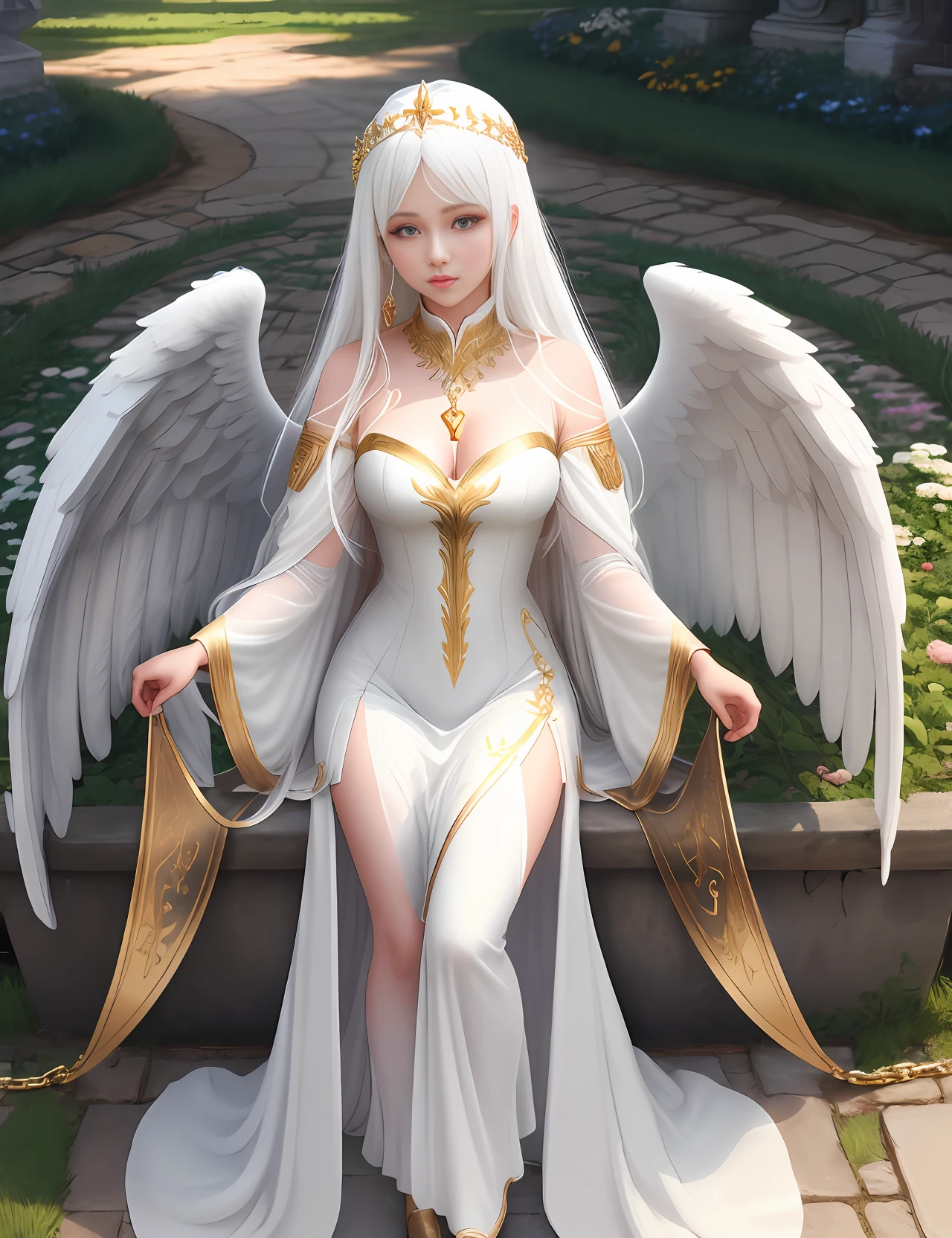 girl as love angel, Amur, golden eyes with sharp pupils, white hair, hair to the floor, angel wings, white dress, gold chains, medieval aesthetics, garden, full height, 8k uhd, dslr, soft lighting, high quality, perfect symmetric eyes