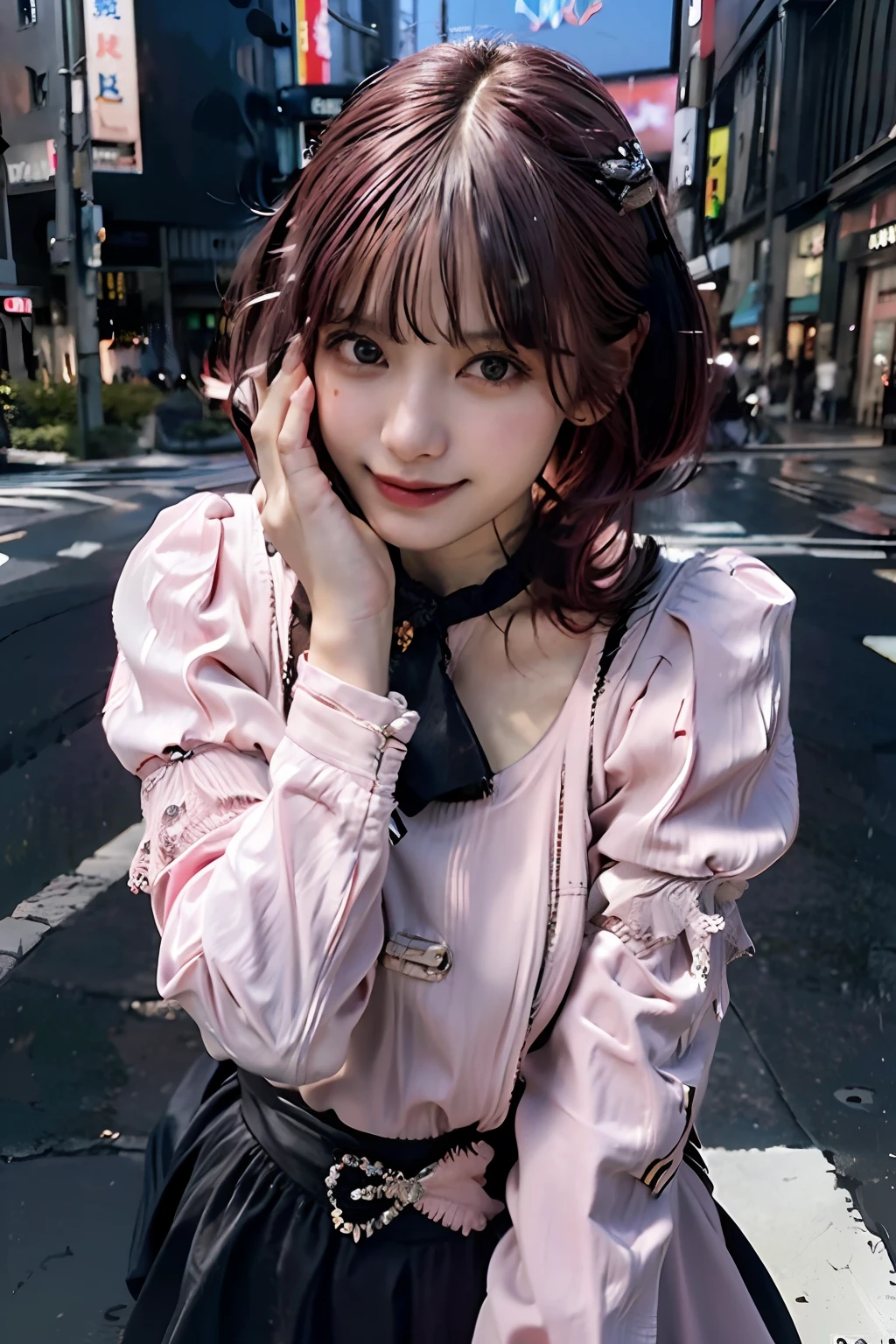 best quality, masterpiece, ultra high res, 8K, raw, (photo realistic:1.4), sharp focus, 1 girl, (detailed background:1.5), (tokyo street:1.3), full body, medium built, dynamic pose, cute,18yo, evil smile, big black eyes, medium breasts, (pink hair, short hair:1.3), detailed clothes