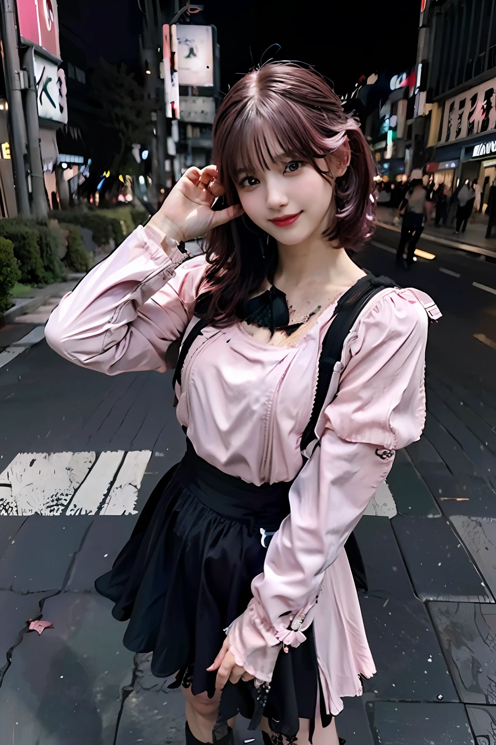 best quality, masterpiece, ultra high res, 8K, raw, (photo realistic:1.4), sharp focus, 1 girl, (detailed background:1.5), (tokyo street:1.3), full body, medium built, dynamic pose, cute,18yo, evil smile, big black eyes, medium breasts, (pink hair, short hair:1.3), detailed clothes