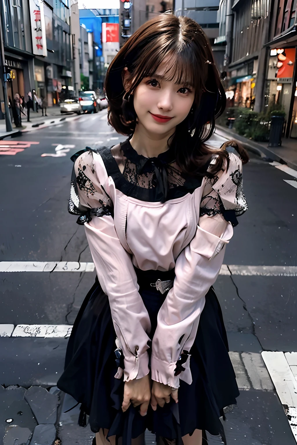 best quality, masterpiece, ultra high res, 8K, raw, (photo realistic:1.4), sharp focus, 1 girl, (detailed background:1.5), (tokyo street:1.3), full body, medium built, dynamic pose, cute,18yo, evil smile, big black eyes, medium breasts, (brown hair, short hair:1.3), detailed clothes