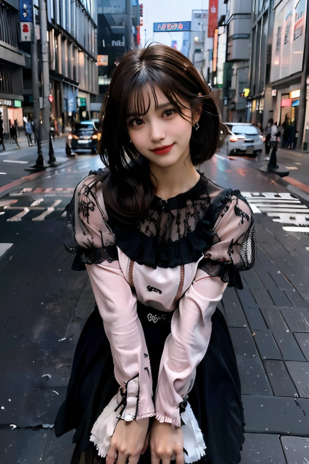 best quality, masterpiece, ultra high res, 8K, raw, (photo realistic:1.4), sharp focus, 1 girl, (detailed background:1.5), (tokyo street:1.3), full body, medium built, dynamic pose, cute,18yo, evil smile, big black eyes, medium breasts, (brown hair, short hair:1.3), detailed clothes
