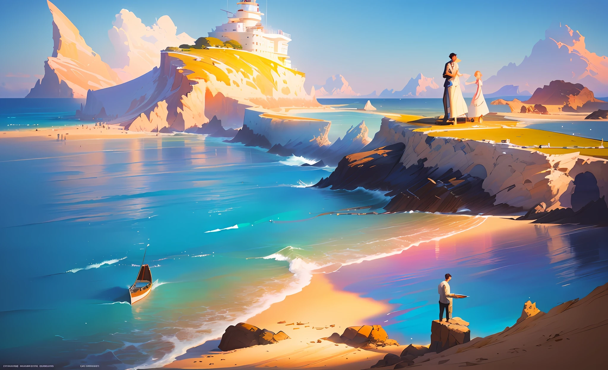 painting of a man and a woman on a beach with a boat, ross tran. scenic background, colorful concept art, stunning! concept art, painterly concept art, beautiful digital painting, a beautiful artwork illustration, gorgeous digital painting, beautiful concept art, stunning digital illustration, inspired by sylvain sarrailh, atey ghailan 8 k