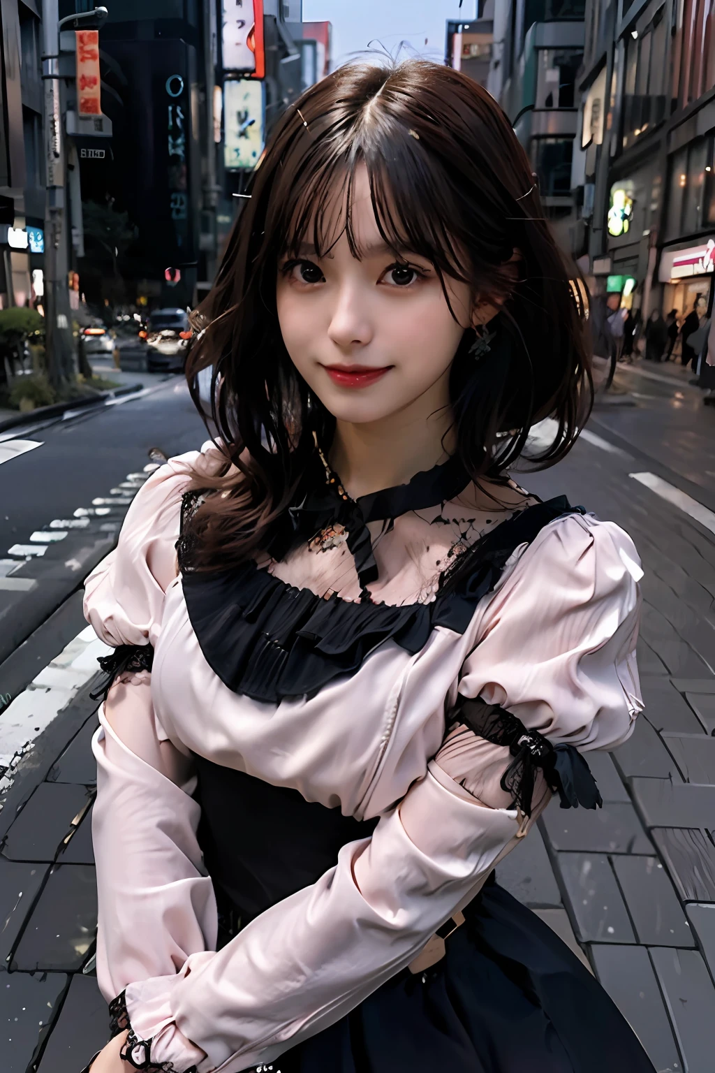 best quality, masterpiece, ultra high res, 8K, raw, (photo realistic:1.4), sharp focus, 1 girl, (detailed background:1.5), (tokyo street:1.3), full body, medium built, dynamic pose, cute,18yo, evil smile, big black eyes, medium breasts, (brown hair, short hair:1.3), detailed clothes