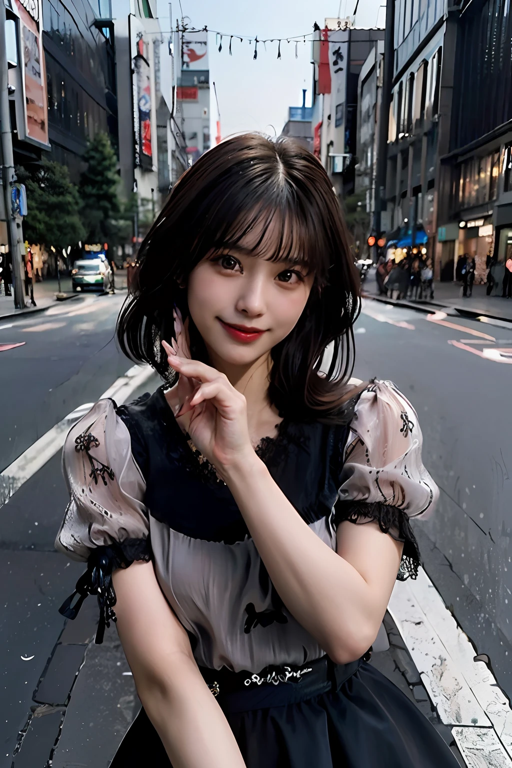 best quality, masterpiece, ultra high res, 8K, raw, (photo realistic:1.4), sharp focus, 1 girl, (detailed background:1.5), (tokyo street:1.3), full body, medium built, dynamic pose, cute,18yo, evil smile, big black eyes, medium breasts, (brown hair, short hair:1.3), detailed clothes
