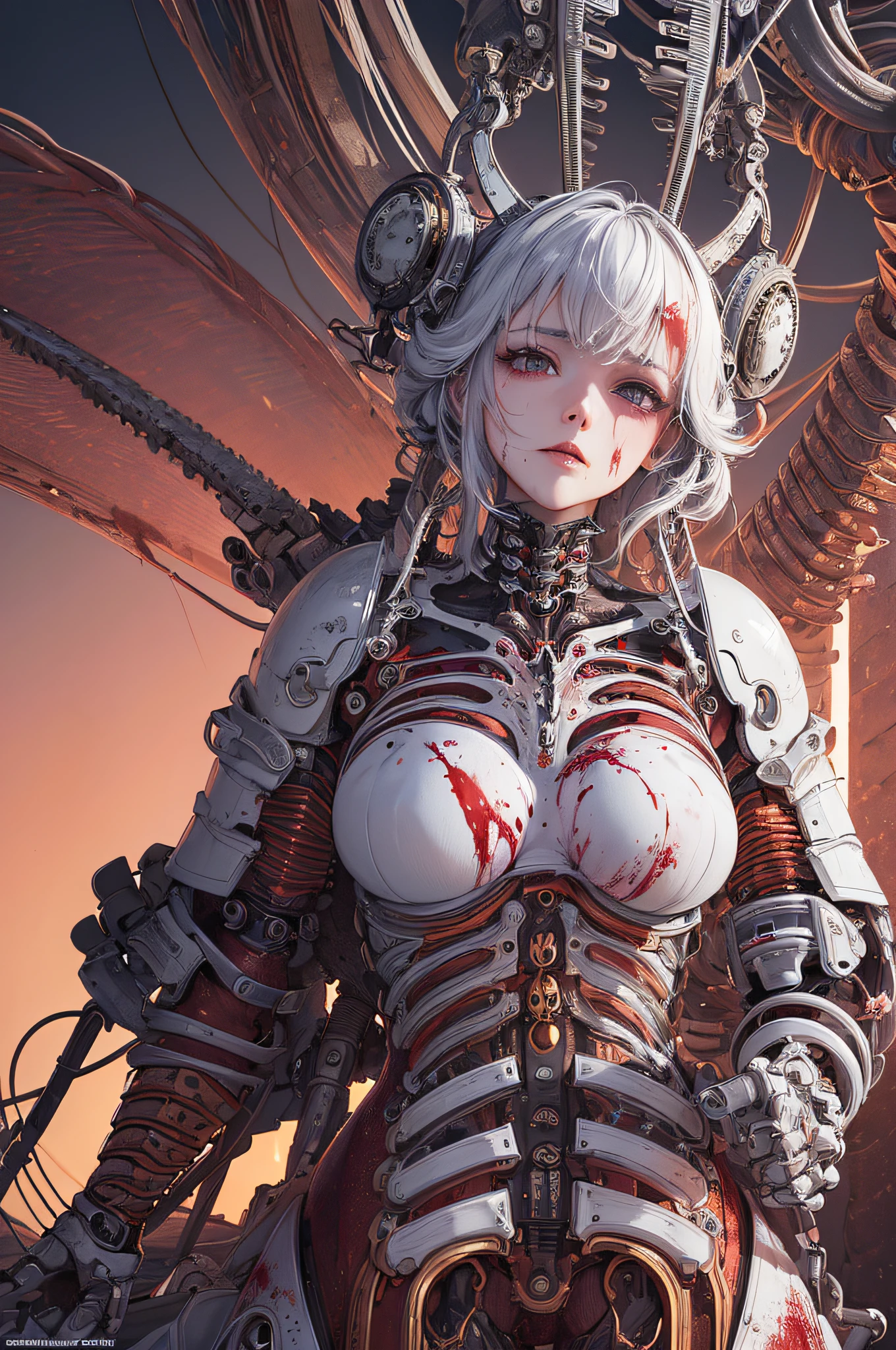 (masterpiece, top quality, best quality, official art, beautiful and aesthetic:1.2), (1girl:1.3), extreme detailed,colorful,highest detailed ((ultra-detailed)), (highly detailed CG illustration), ((an extremely delicate and beautiful)),(from side),cinematic light,((1mechanical girl)),solo,full body,(machine made joints:1.2),((machanical limbs)),(blood vessels connected to tubes),(mechanical vertebra attaching to back),((mechanical cervial attaching to neck)),(sitting),expressionless,(wires and cables attaching to neck:1.2),(wires and cables on head:1.2)(character focus),science fiction,white background,(blood:1.5)