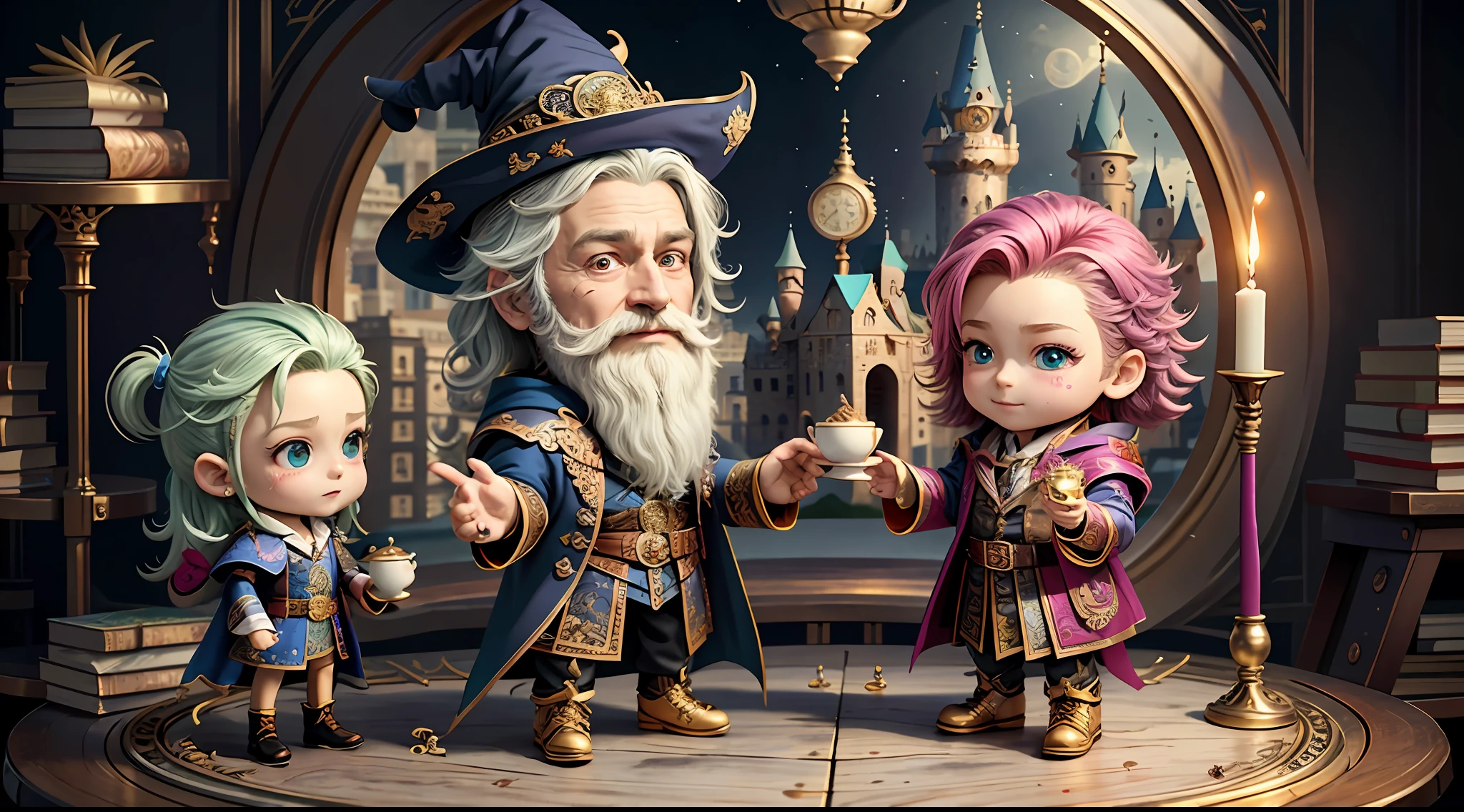 Masterpiece, best quality, wizard tea party, handsome male witch, beautiful witch, happy, vibrant, colorful, chibi,
