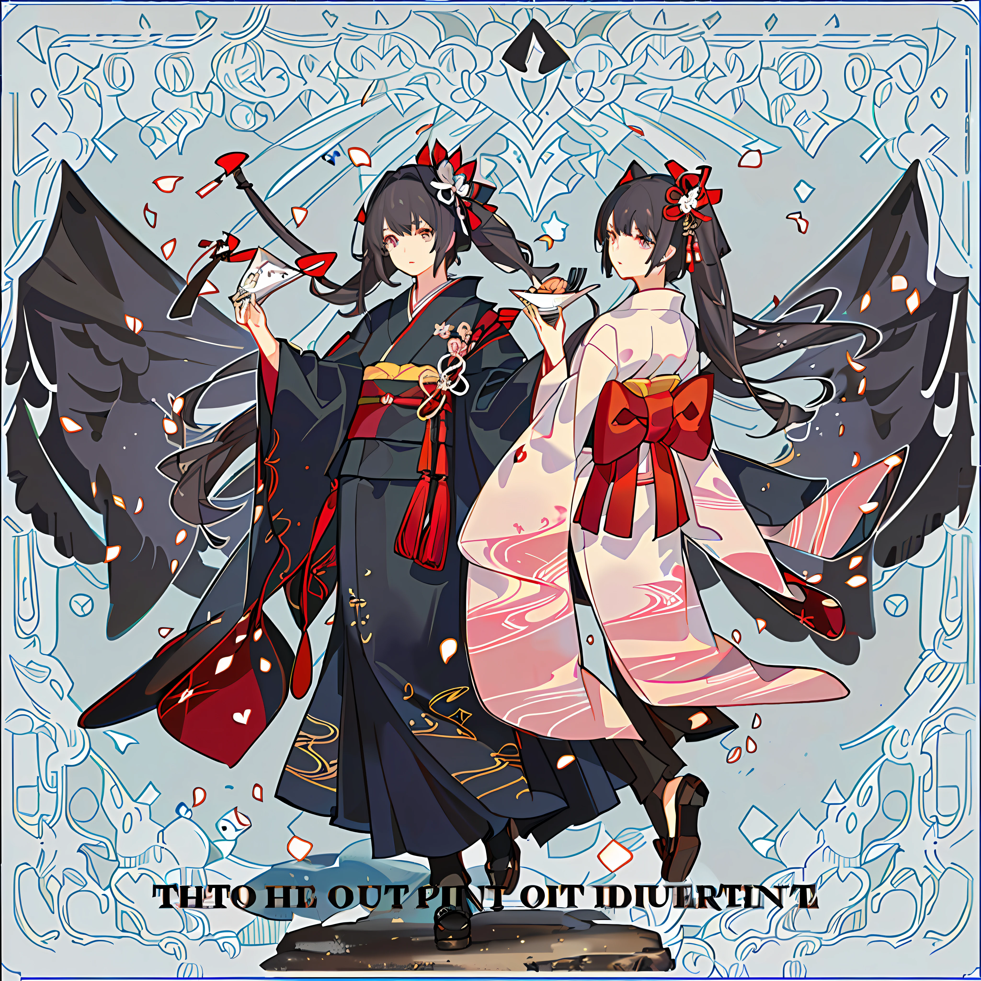 Masterpiece, animate, details, detailed eyes, front, full body shot, away from the camera, facing the camera, character standing painting, 1 loli, stand,矮个子,平胸, eyes blank, (expression indifference*2), gorgeous kimono, pink_blue kimono, 短裙,intricate patterns on clothes, silky long hair, black hair,白色背景