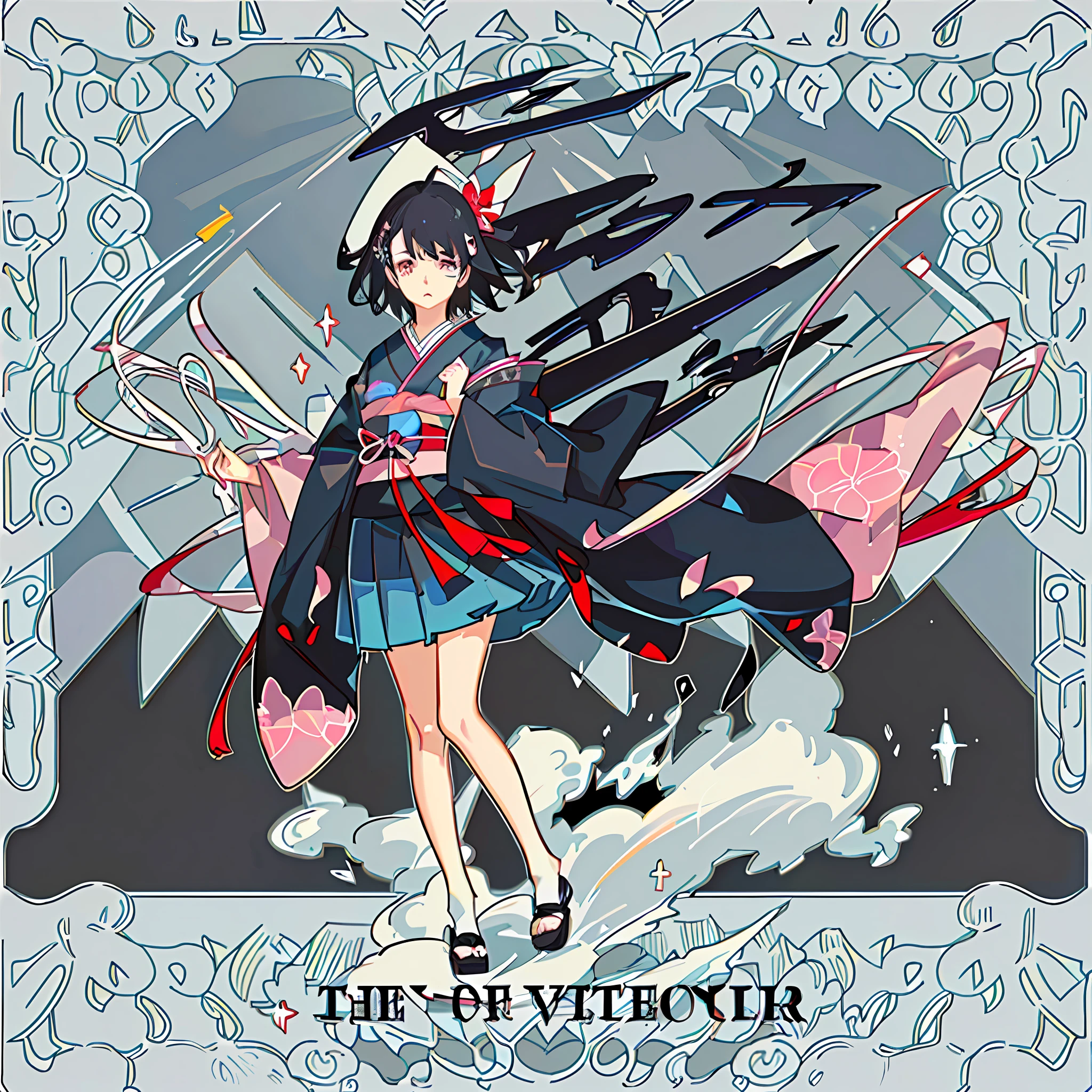 masterpiece, animation, detail, detail eyes, front, full body shooting, away from camera, facing camera, character standing painting, 1 loli, standing, short, flat chest, blank eyes, (expression indifference*2), gorgeous kimono, pink_blue kimono, short skirt, complex pattern on clothes, short hair, black hair, white background