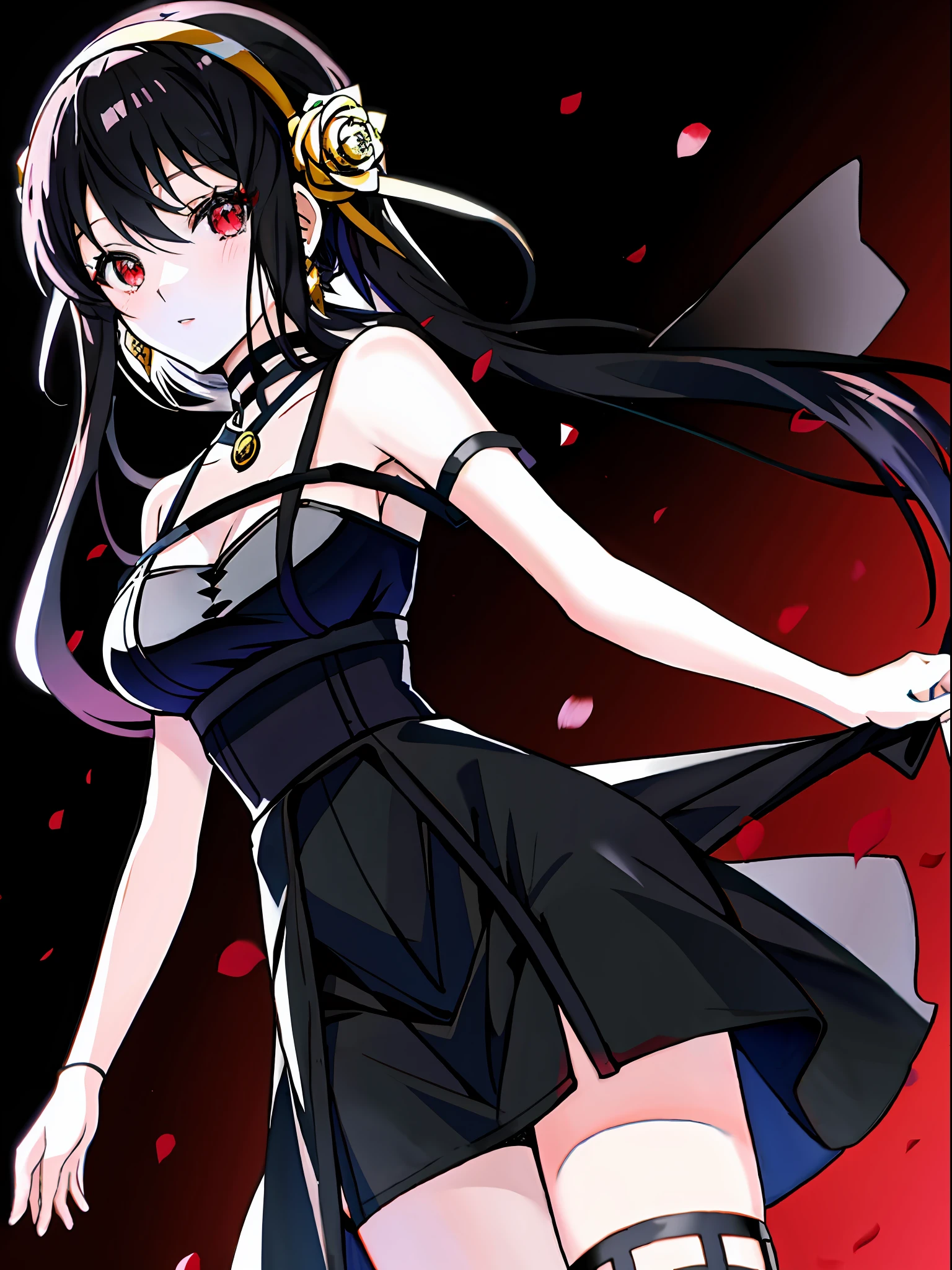 Yor Briar, 1girl, anime girl in black dress, 1 - anime gothic girl, detailed doujin art, high quality doujin art, is a slim and cute anime woman in beautiful clothes, bare shoulders, black skirt, black hair, breasts, shut up, skirt, earrings, flower, hair flower, hair ornament, headband, jewelry, medium chest, long hair, looking at the audience, red eyes, side hair, sleeveless, solo, upper body, black background, ((masterpiece))