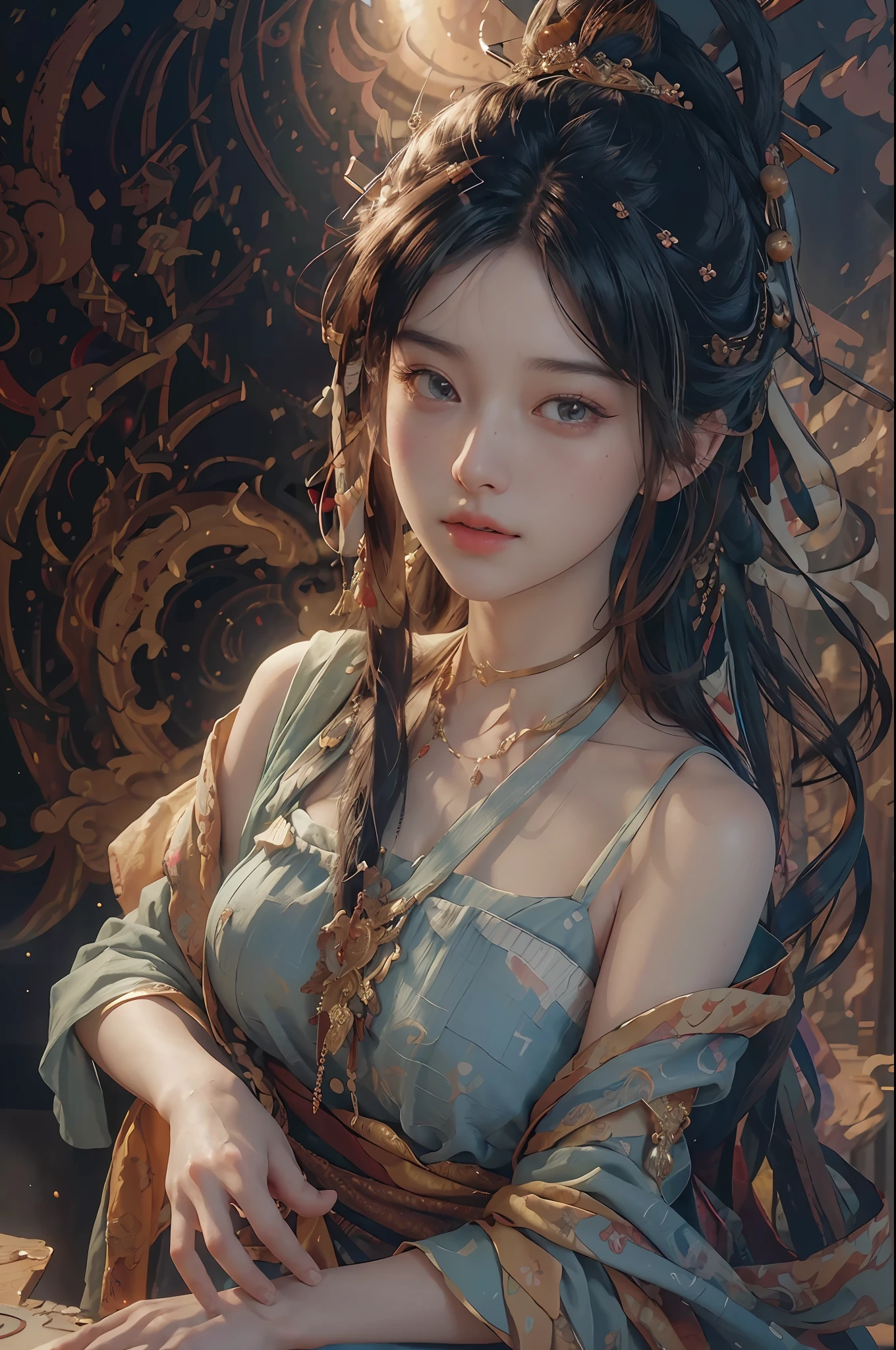(RAW photo, best quality), (realistic, photo-realistic:1.3),best quality,highly detailed,masterpiece,ultra-detailed,illustration,1girl,upper_body,dynamic angle,world masterpiece theater,messy_long_hair,best quality,extremely detailed CG unity 8k wallpaper,ink,Amazing,cinematic lighting,lens_flare, dunhuang_style